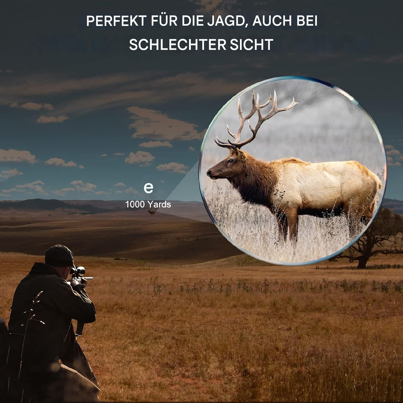 Ein Jäger, der ein Gewehr auf einen Elch auf einem Feld richtet.