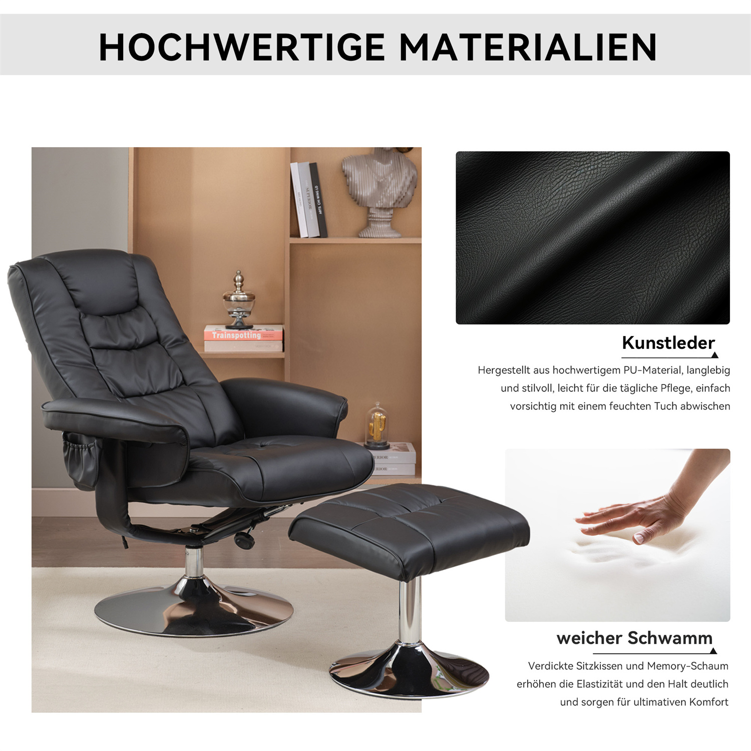 Schwarzer Relaxsessel mit Fußstütze auf Chrombasis. Hintergrund hat ein Regal und Text über Materialien.