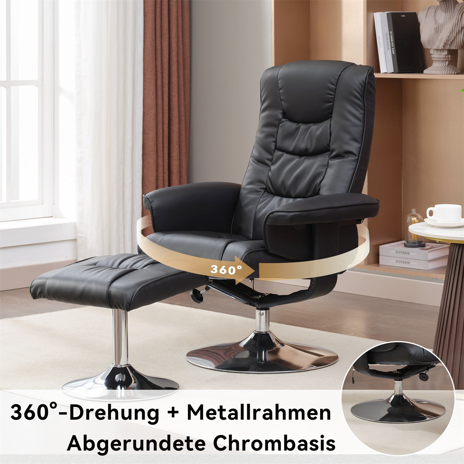 Schwarzer Leder-Relaxstuhl mit Fußstütze. Er hat ein Chromgestell.