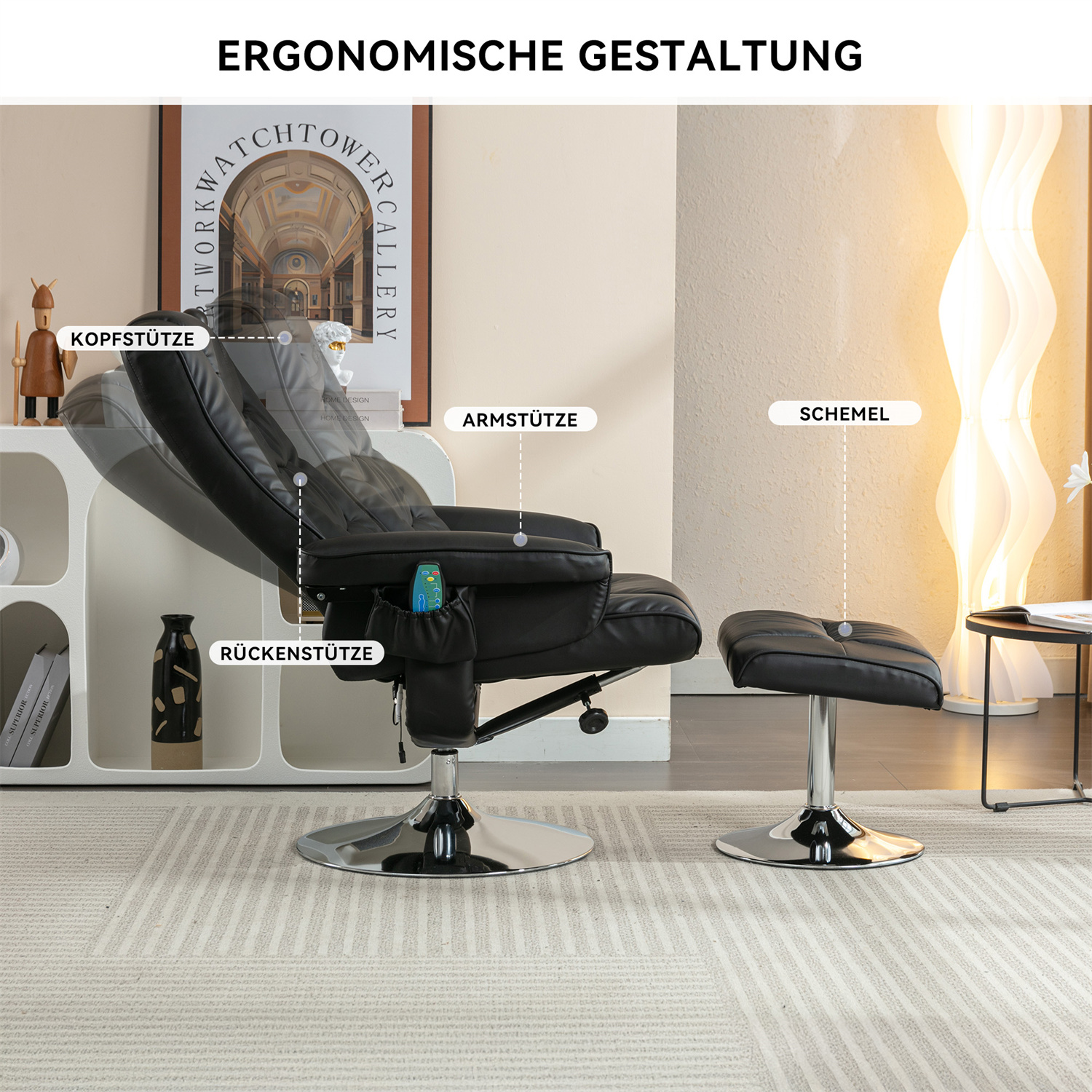 Ein ergonomischer schwarzer Stuhl und Fußstütze. Etiketten weisen auf Kopf-, Rücken- und Armlehnen.