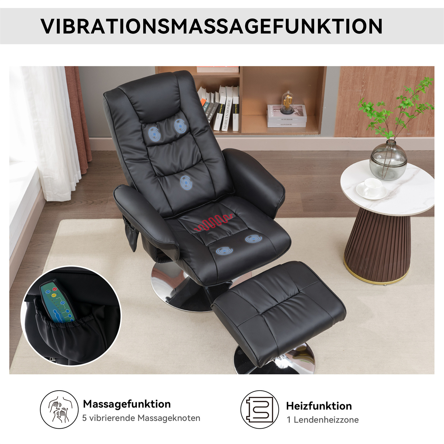 Schwarzer Massagestuhl mit Fußstütze. Hat eine Fernbedienung in der Tasche und einen kleinen Beistelltisch.