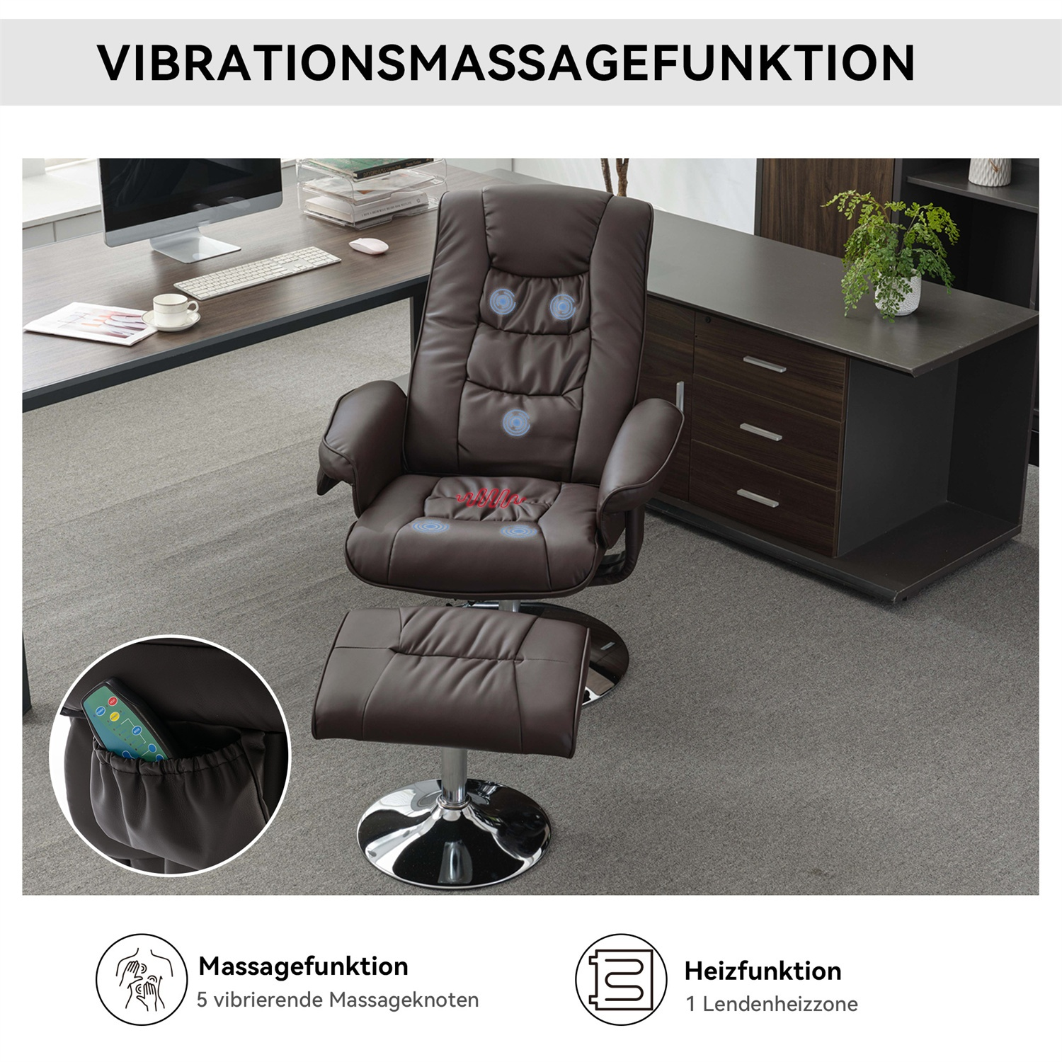 Ein brauner Massagesessel mit Fußstütze. Er hat ein Bedienfeld und zeigt Massagepunkte. Ein Schreibtisch ist im Hintergrund.