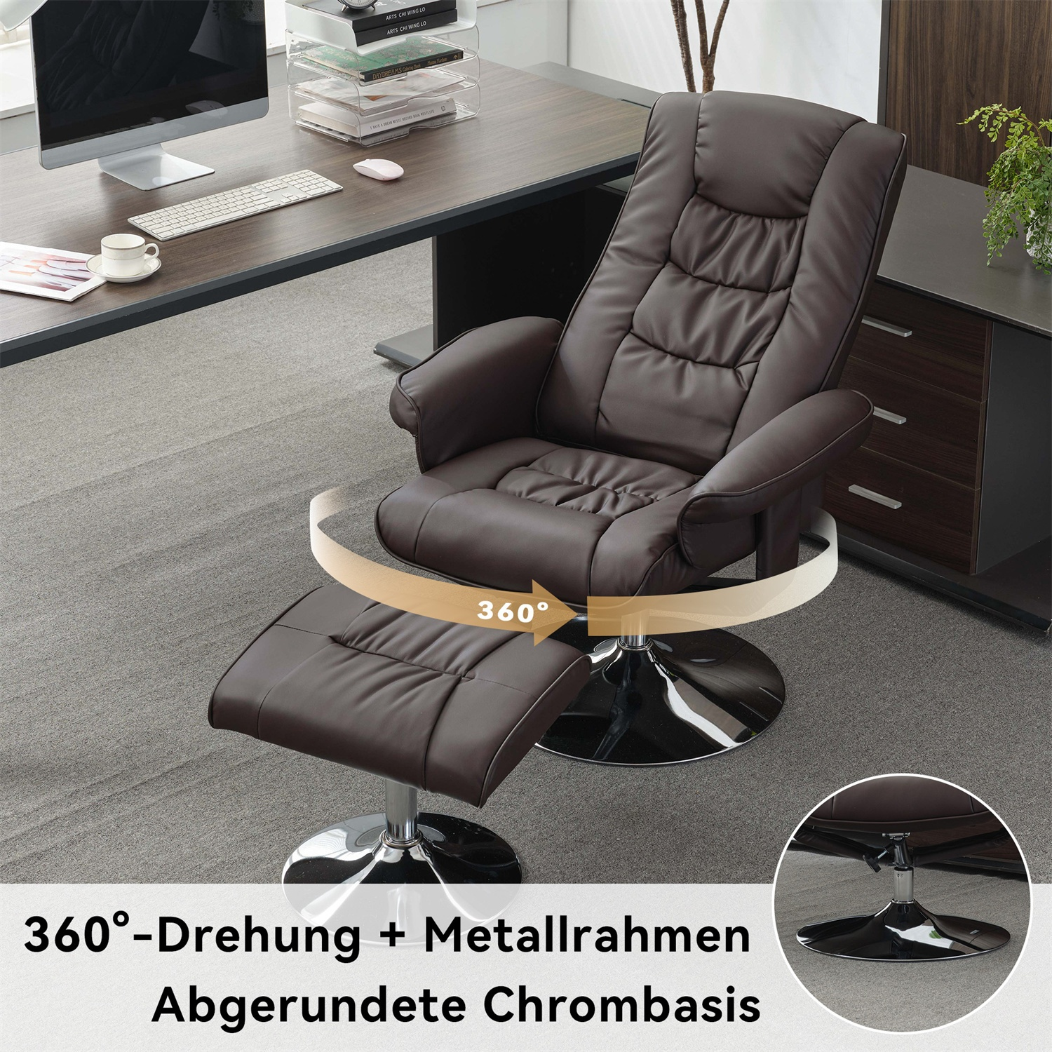Ein brauner Ledersessel mit Fußstütze auf einem Chromfuß.