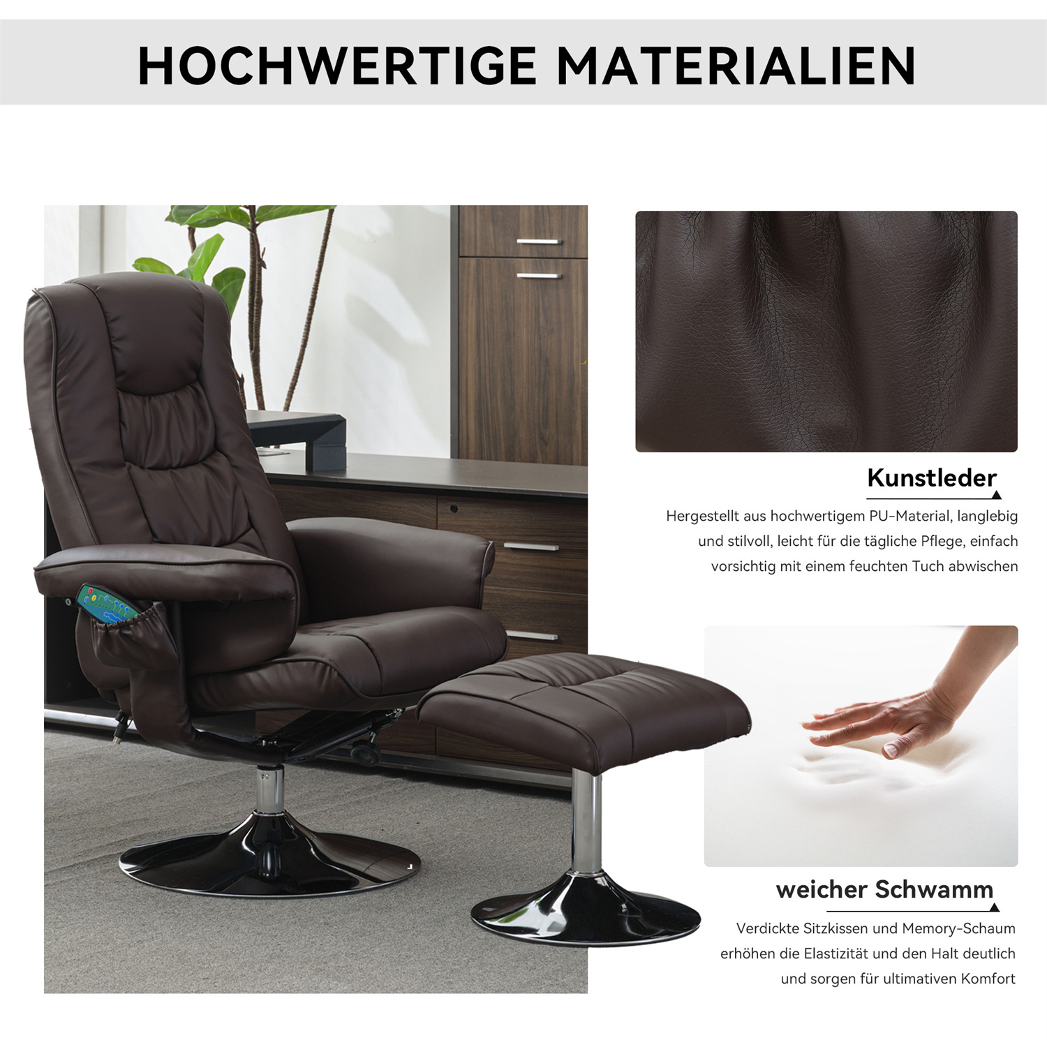 Bürostuhl und Fußhocker mit Text über Materialien und Funktionen, Hand berührt Schaum.