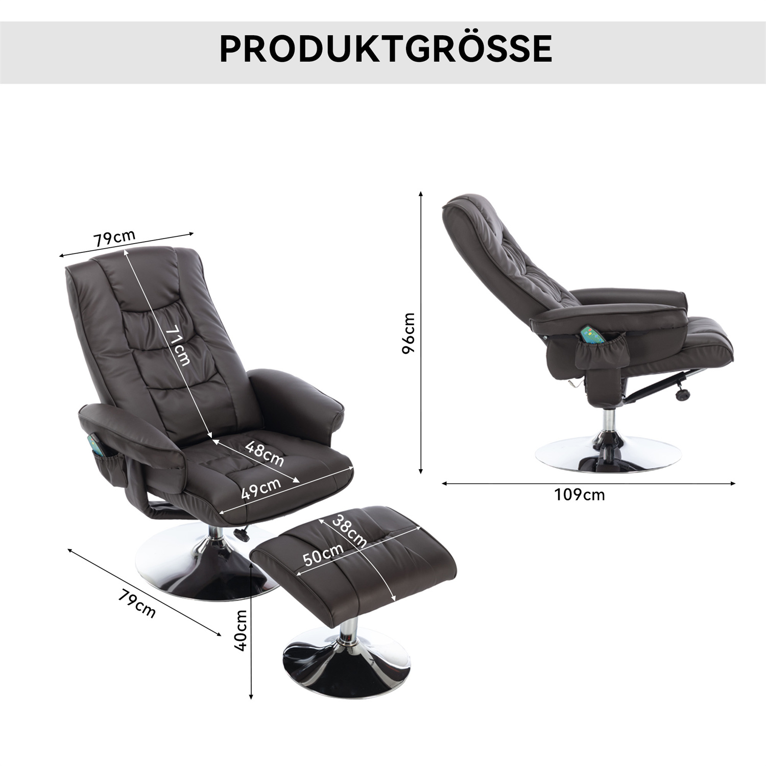 Brauner Liegesessel und Fußhocker auf silberner Basis mit Maßangaben.