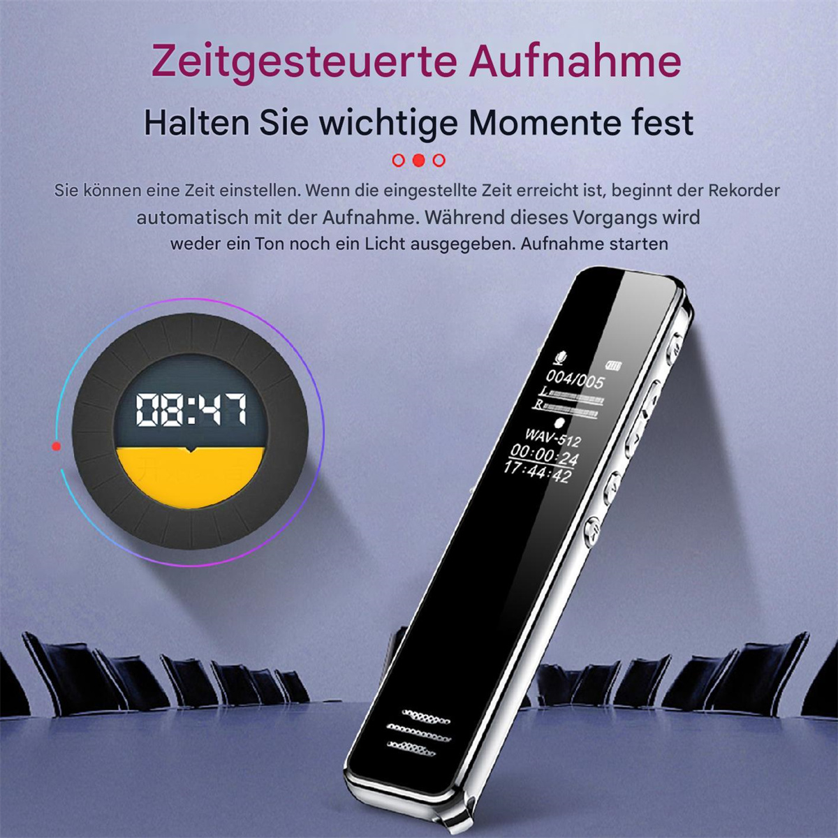 Ein digitales Diktiergerät mit Zeitanzeige und Tasten. Im Hintergrund ein Konferenztisch.