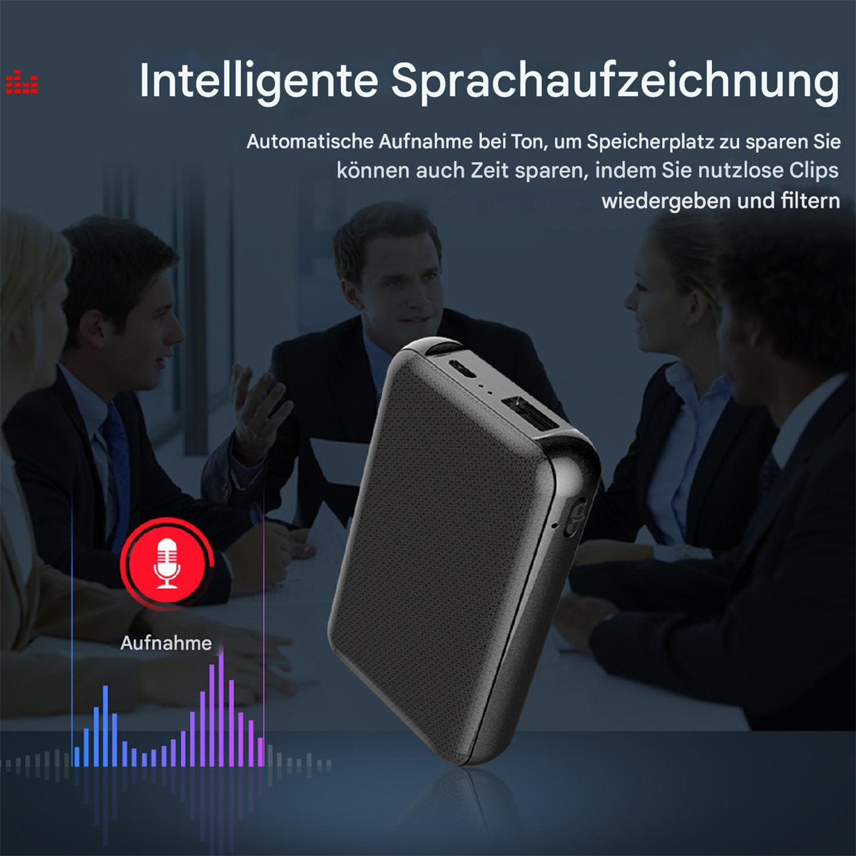 Ein schwarzes Aufnahmegerät auf einem Tisch mit Personen im Hintergrund. Text beschreibt die Funktionen. Grafik der Schallwelle.