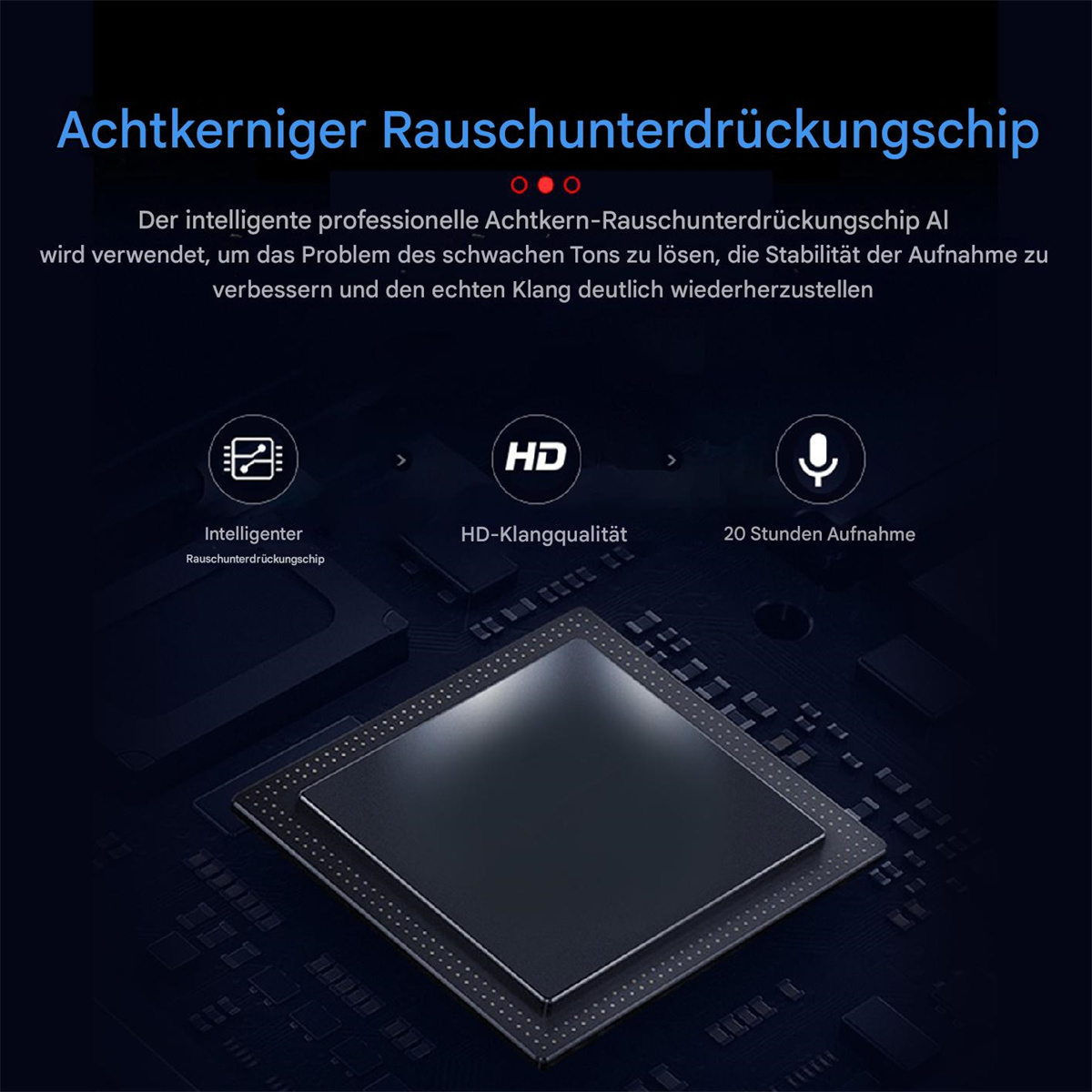 Eine Platine mit einem Prozessorchip. Text erwähnt Rauschunterdrückungstechnologie und HD-Qualität.