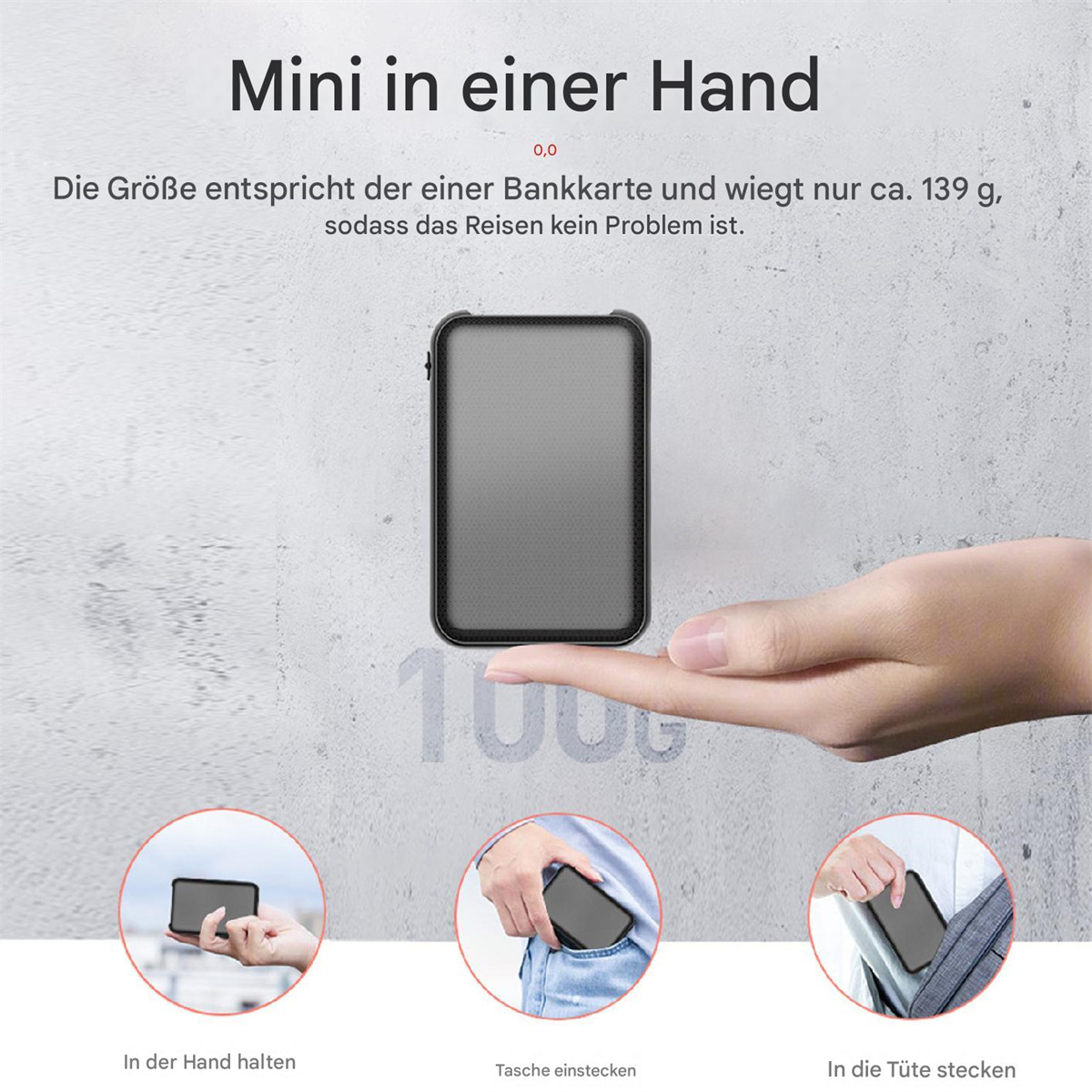 Eine Person hält ein kleines schwarzes Gerät. Text auf Deutsch. Das Gerät wird in einer Tasche und im Beutel gezeigt.