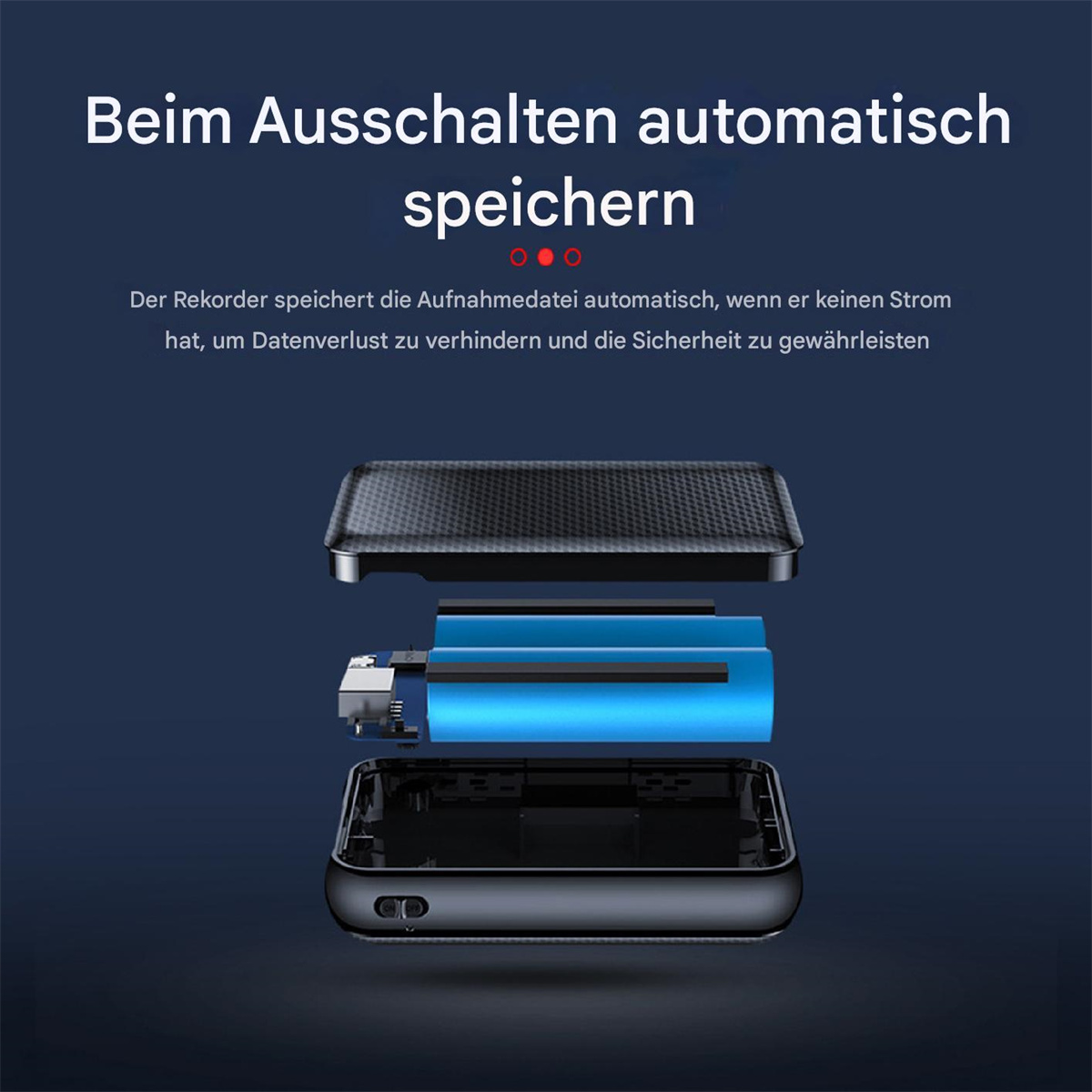 Eine Explosionsansicht eines Geräts mit einem Akku und einer blauen Batterie im Inneren.