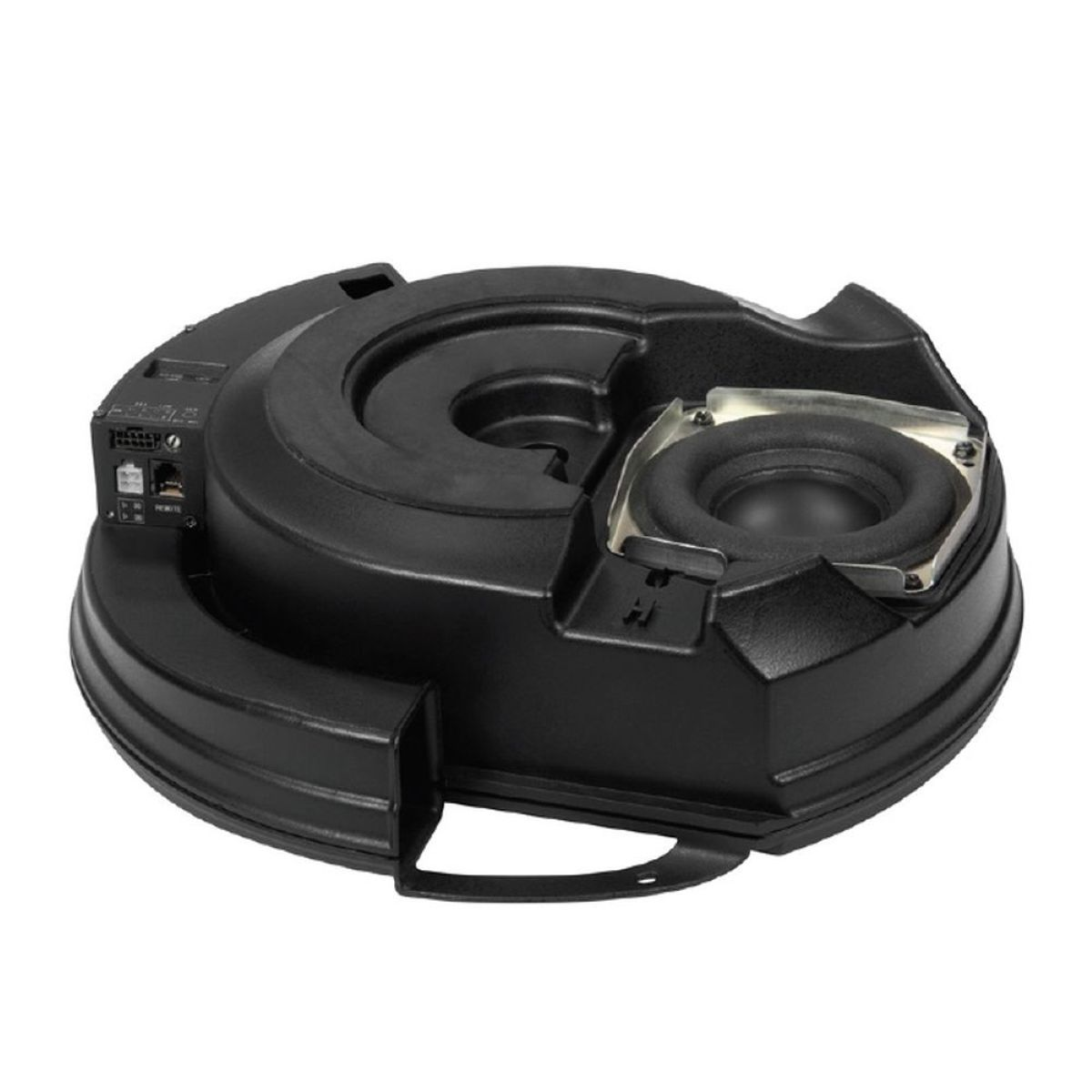 Ein schwarzer Subwoofer für ein Auto, mit Lautsprecher und Griff, ist sichtbar.