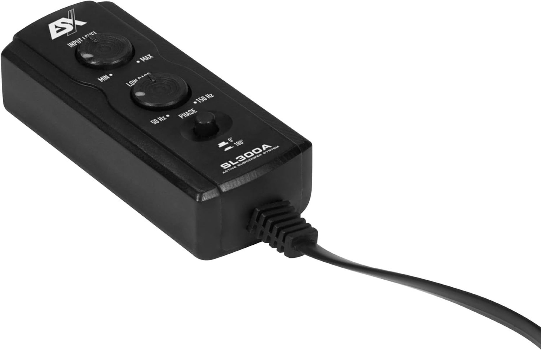 Schwarzes Audiogerät mit Knöpfen und Phaseneinstellung. Es hat ein Kabel angeschlossen.