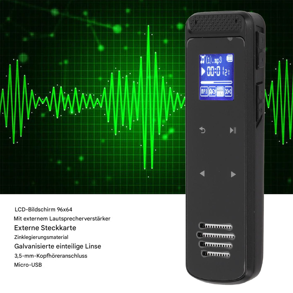 Ein schwarzer Audiorecorder mit einem Bildschirm, der Informationen und eine Audiowelle anzeigt.