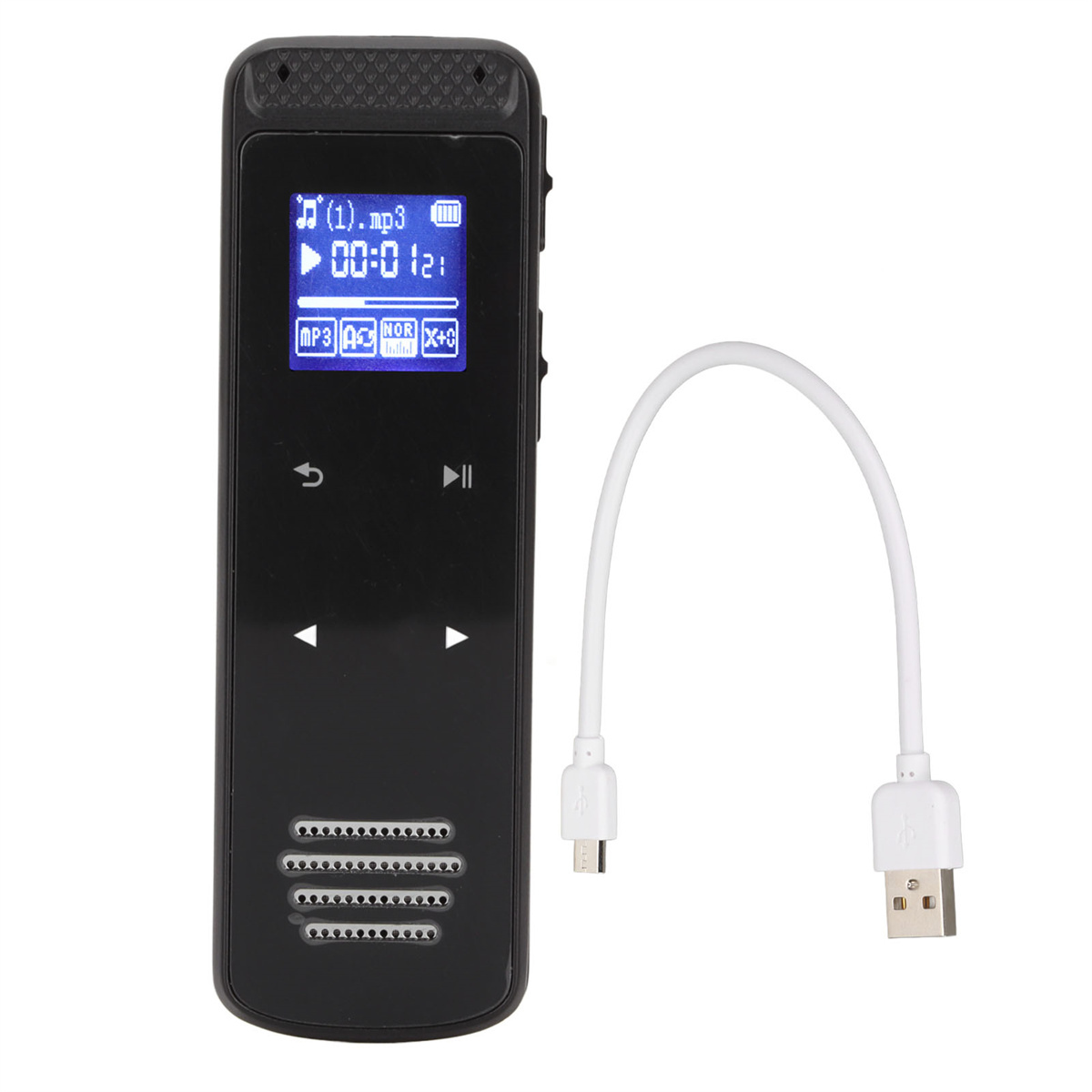 Schwarzer MP3-Player und ein weißes USB-Kabel. Der MP3-Player hat ein Display und Tasten.
