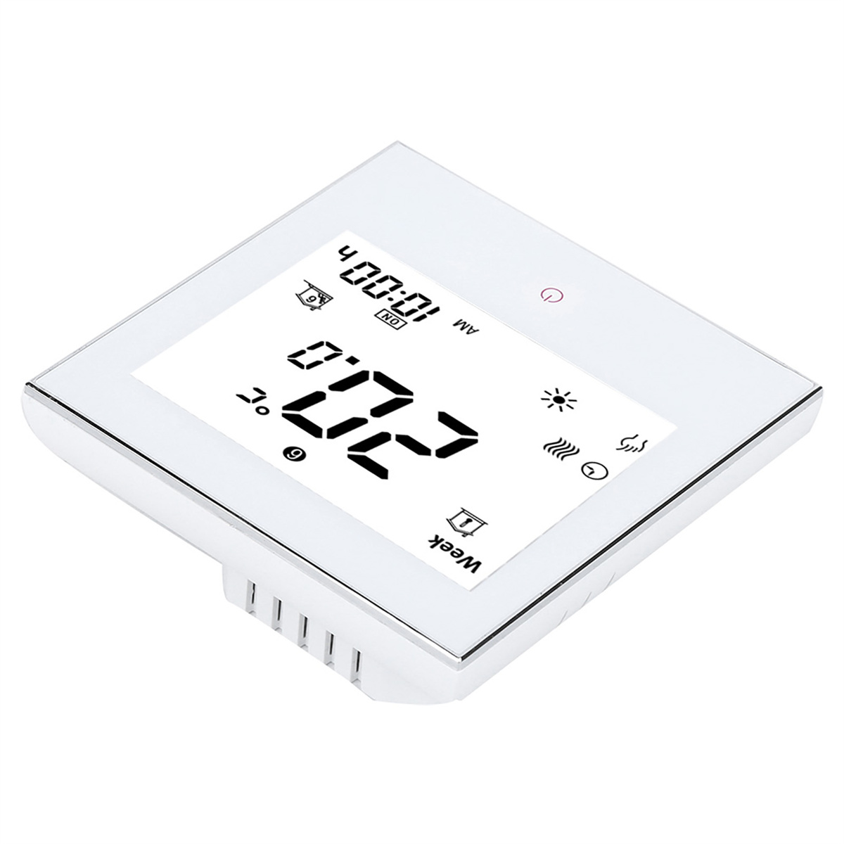 Weißes Thermostat mit Digitalanzeige für Zeit und Temperatur.