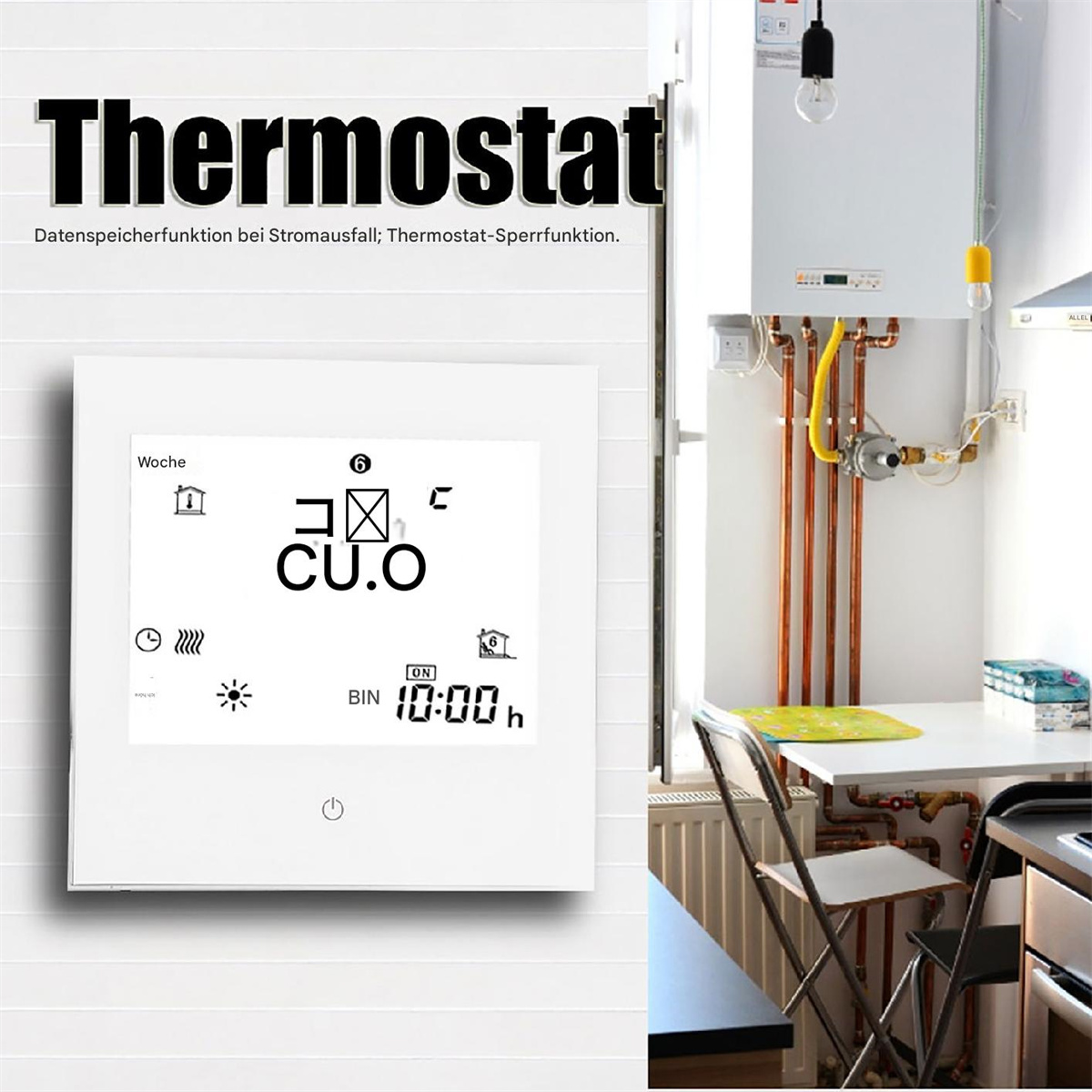 Ein weißes Thermostat an einer Wand. Das Bild zeigt die Anzeige des Thermostats und einen Kücheninnenraum.