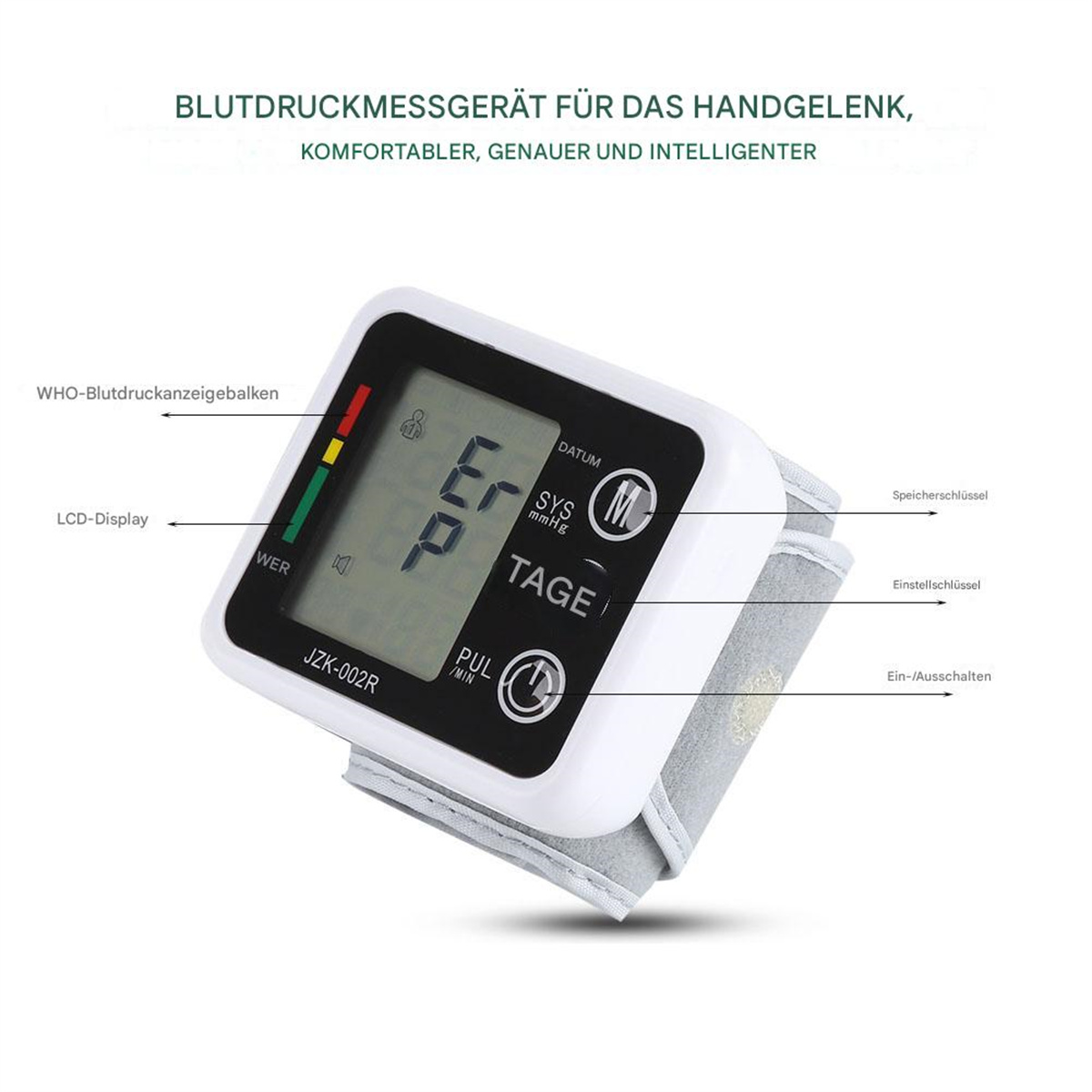 Handgelenk-Blutdruckmessgerät mit weiß-grauer Manschette. Weißer Hintergrund.