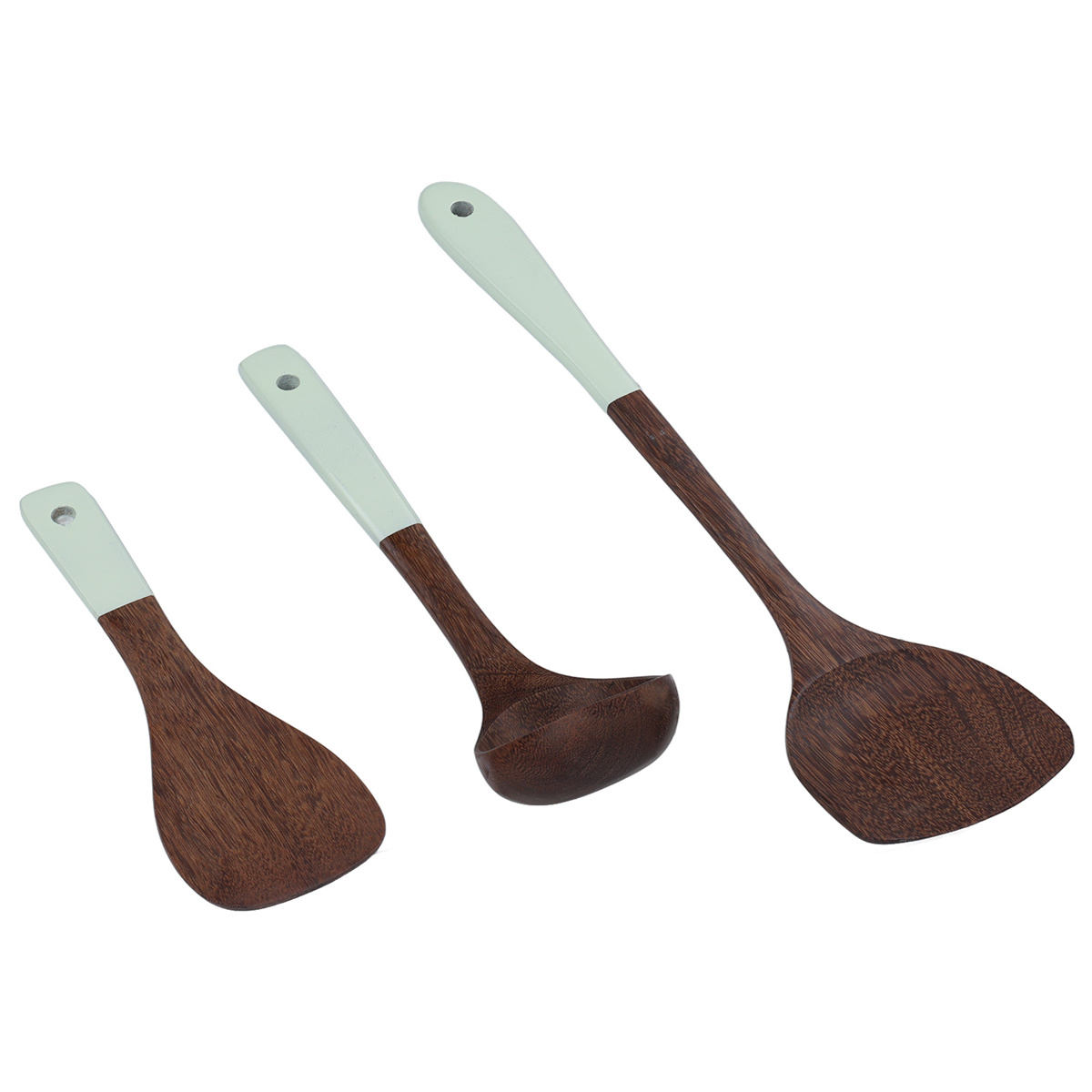 Küchenutensilien aus Holz: Pfannenwender, Schöpflöffel und Löffel, mit weißen und braunen Farben.