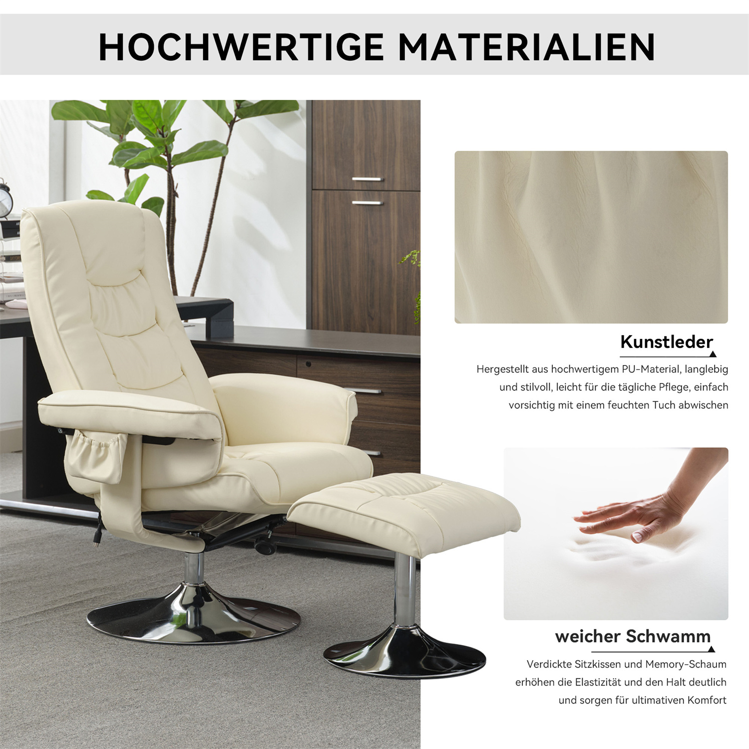 Cremefarbener Relaxsessel mit Fußstütze, vor dunklem Bürohintergrund.