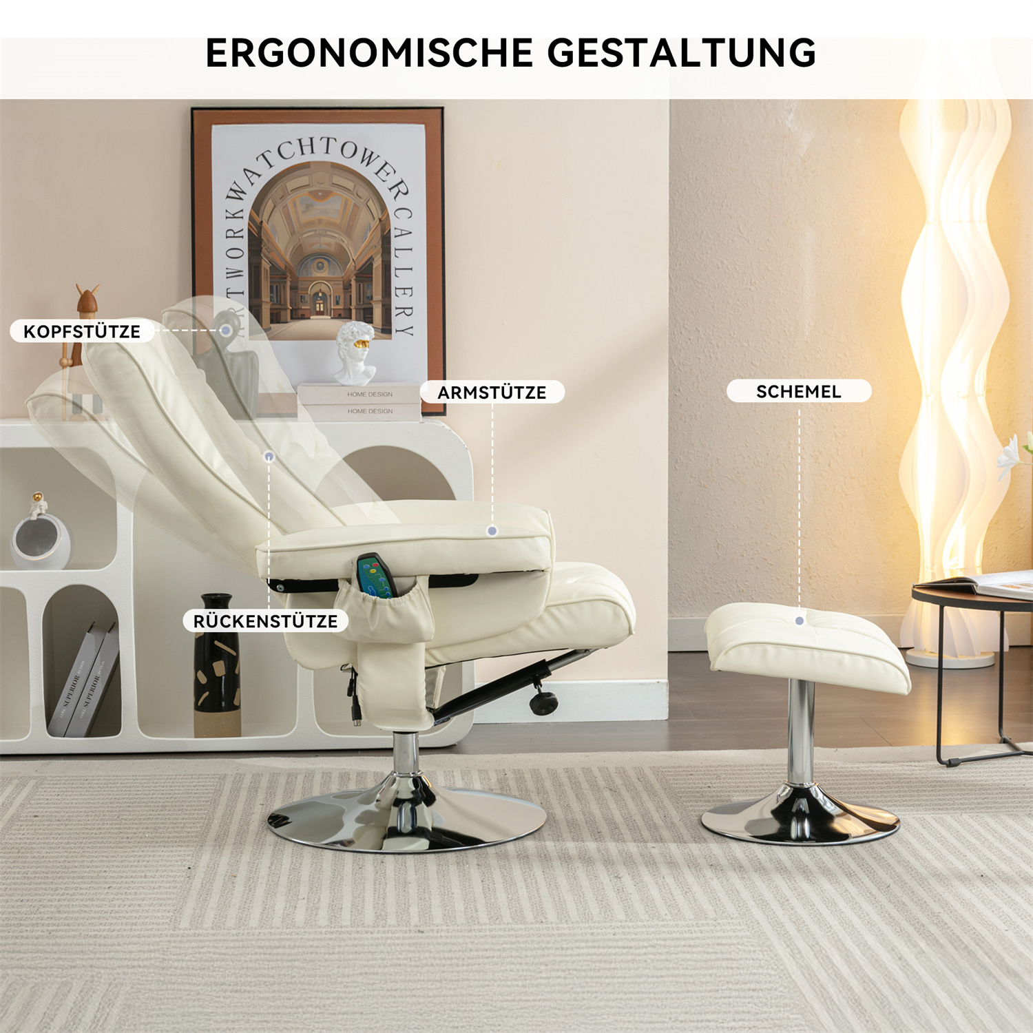 Ein ergonomischer weißer Massagesessel aus Leder mit Fußhocker. Textbezeichnungen sind platziert.