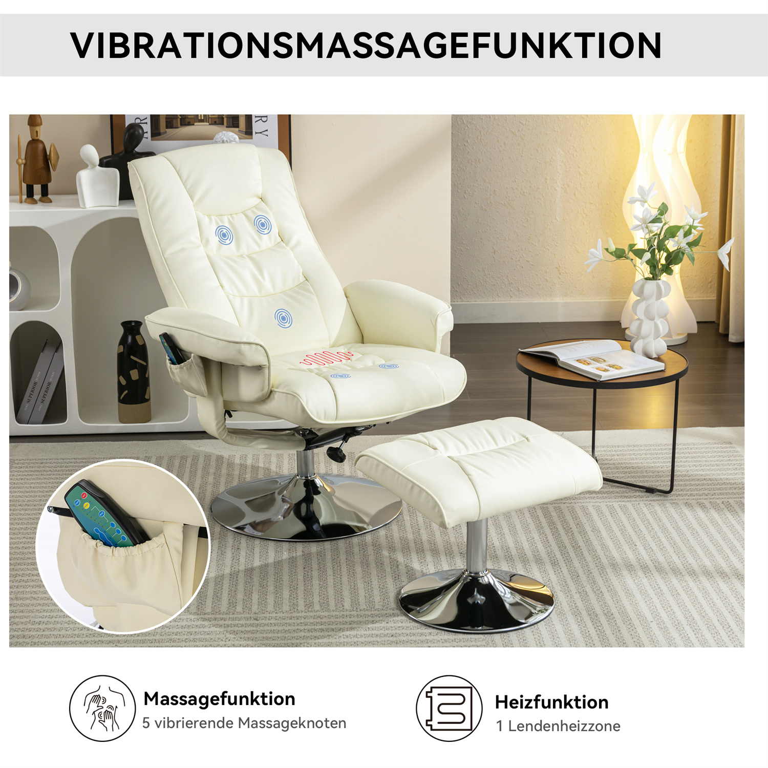 Cremefarbener Massagesessel mit Fußstütze. Enthält Symbole für Massage- und Heizfunktionen.