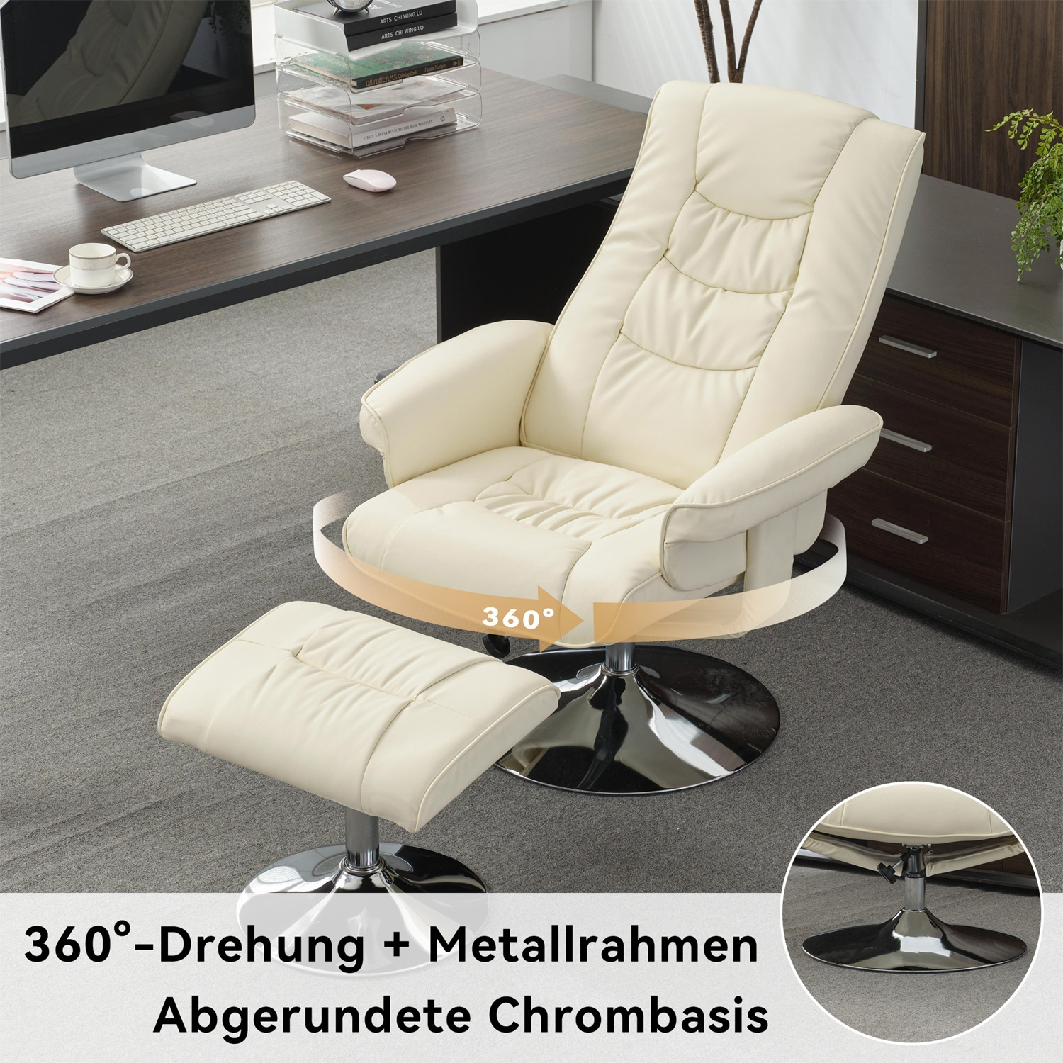 Cremefarbener Drehstuhl mit Fußstütze. Der Stuhl hat eine abgerundete Chrombasis.
