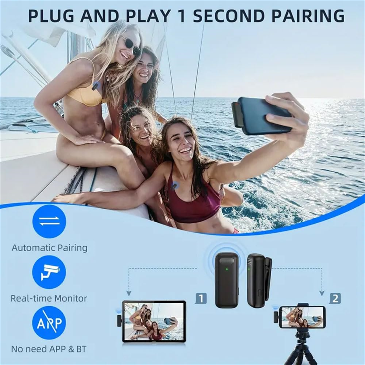 Vier Frauen auf einem Boot machen ein Selfie. Ein Mikrofon ist an der Kleidung der Person zu sehen.