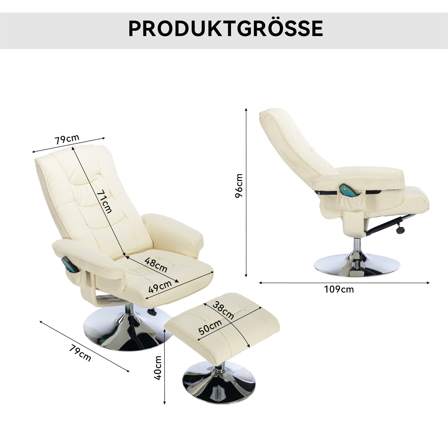 Cremefarbener Relaxsessel und Fußstütze auf Silberbasis, mit Maßangaben.