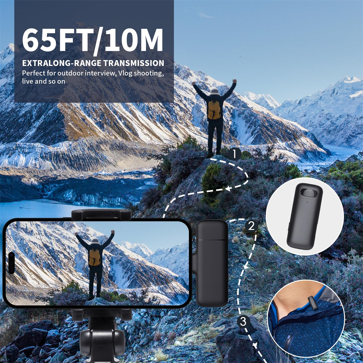 Mann auf Berg mit Telefon auf Stativ und einem Sendegerät.