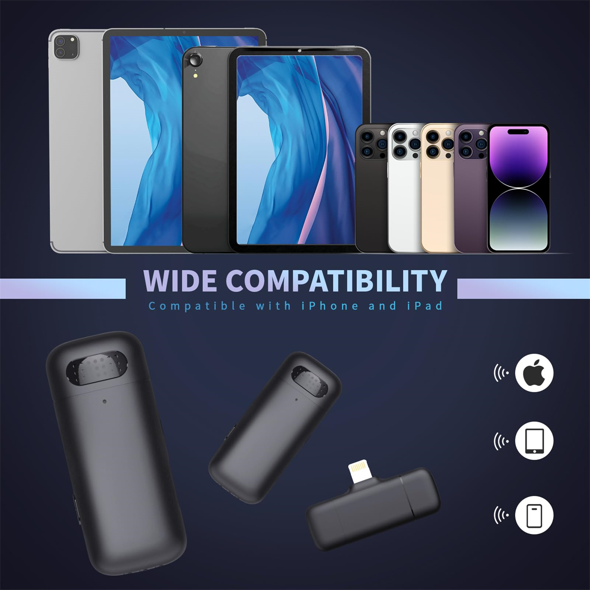 Sammlung von Tablets und Handys mit Audio-Transmittern und dem Wort 'Wide Compatibility'.