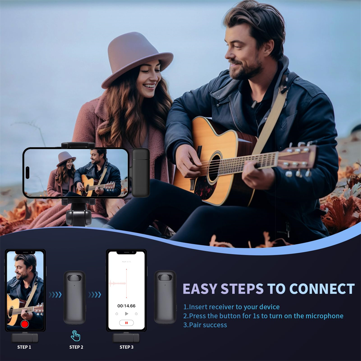 Paar mit Gitarre, Aufnahme-Setup mit Telefon und Mikrofon, Schritt-für-Schritt-Anleitung.
