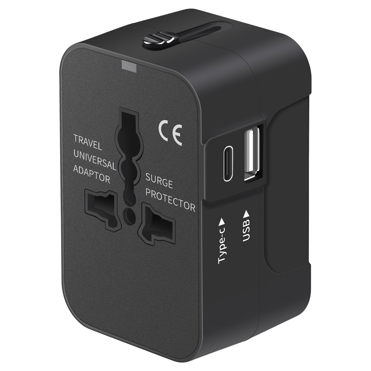 Ein schwarzer Reiseadapter mit mehreren Steckerkonfigurationen, USB-C- und USB-Anschlüssen und Sicherheitshinweisen.