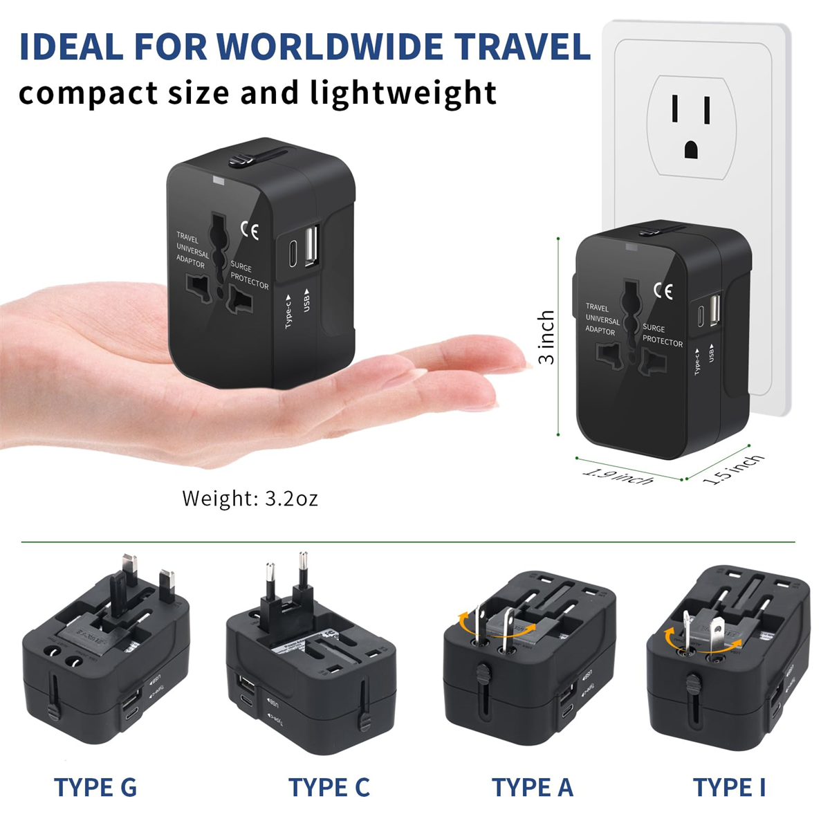 Reiseadapter mit mehreren Steckertypen. Kompakte Größe, leicht und ideal für weltweites Reisen.