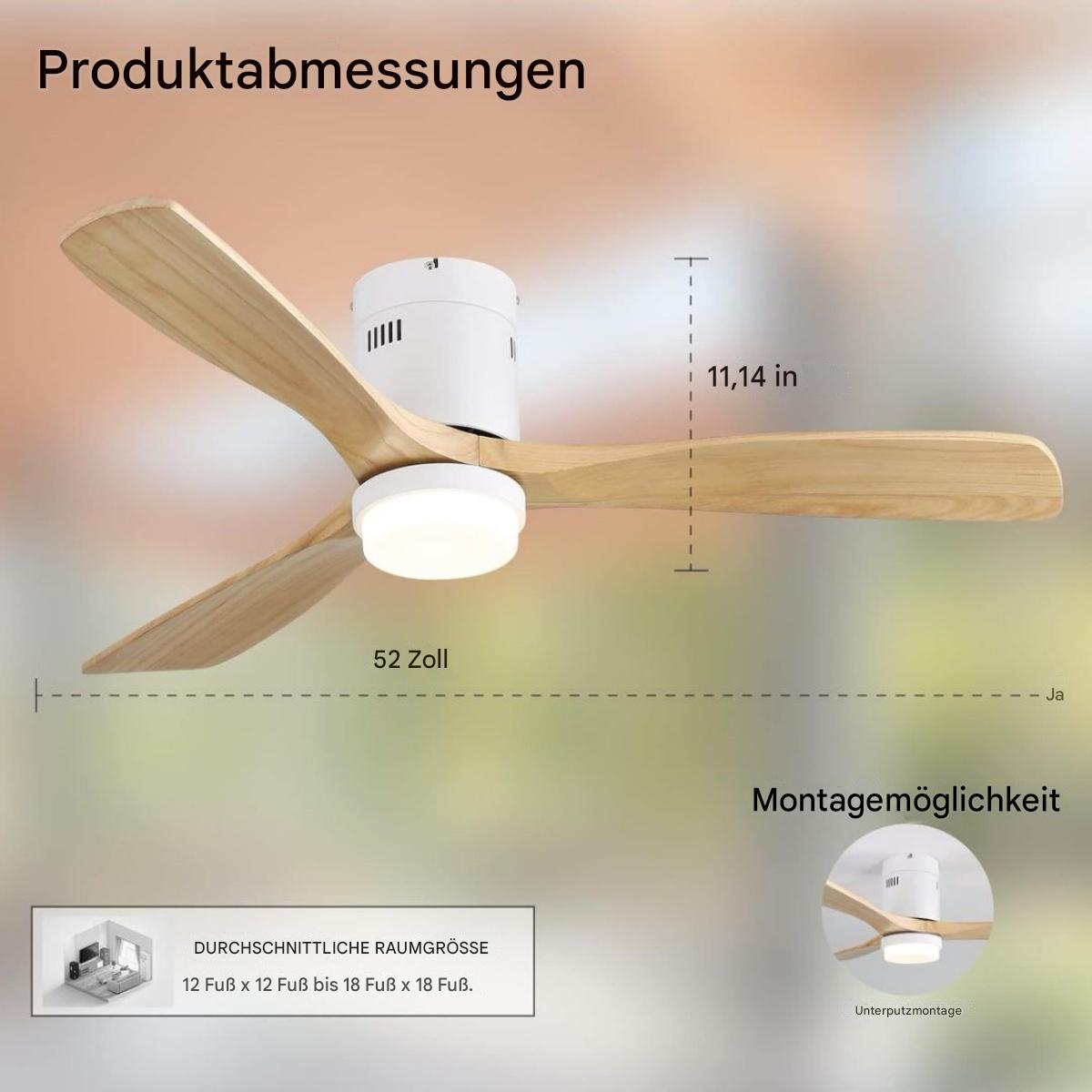 Ein weißer Deckenventilator mit Holzblättern, Abmessungen werden angezeigt, mit deutschem Text.