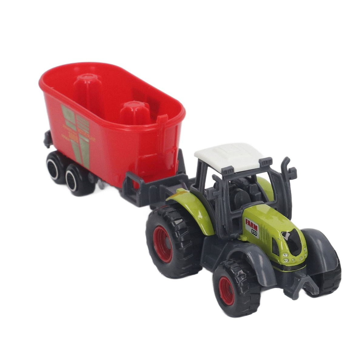 Ein Spielzeugtraktor zieht einen roten Anhänger. Der Traktor ist grün und schwarz mit weißem Dach. Der Anhänger hat Räder.