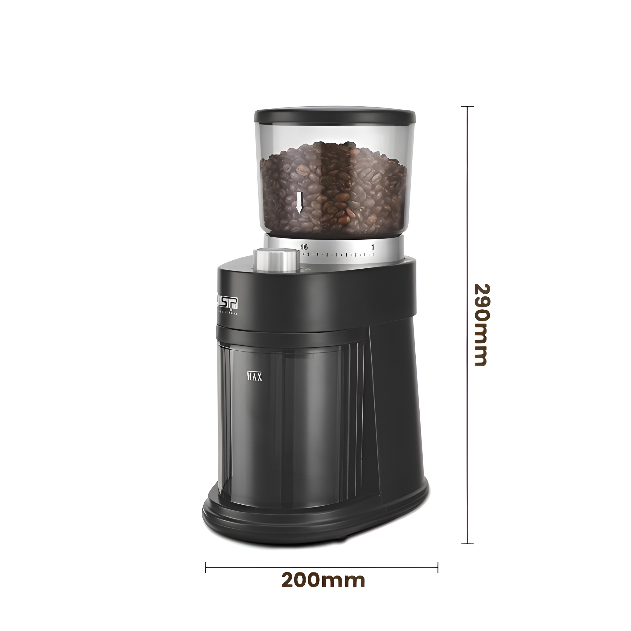 Schwarze Kaffeemühle mit Bohnenbehälter oben, Abmessungen gezeigt.