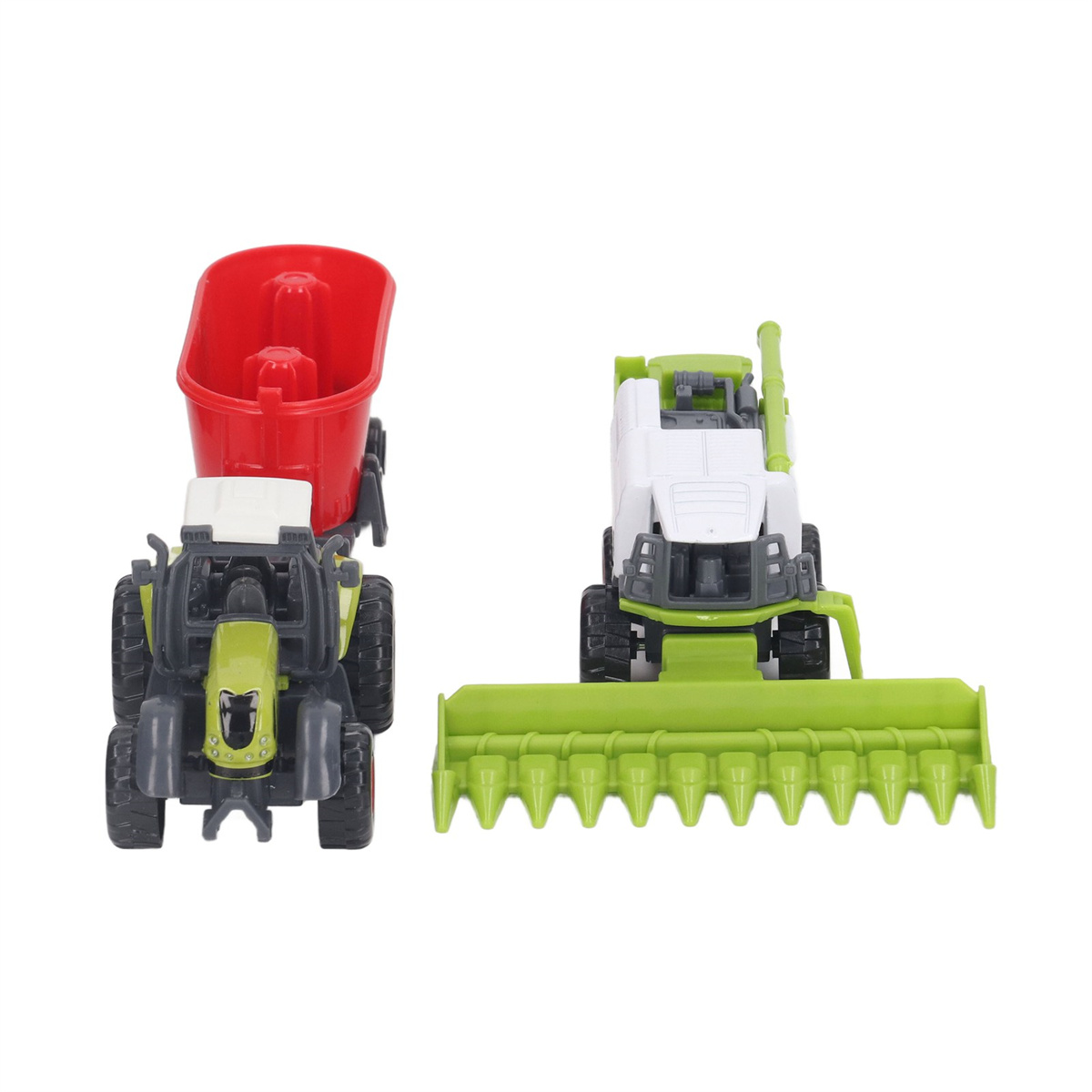 Zwei Spielzeug-Landwirtschaftsfahrzeuge: ein grüner und weißer Mähdrescher und ein Traktor mit rotem Anhänger.