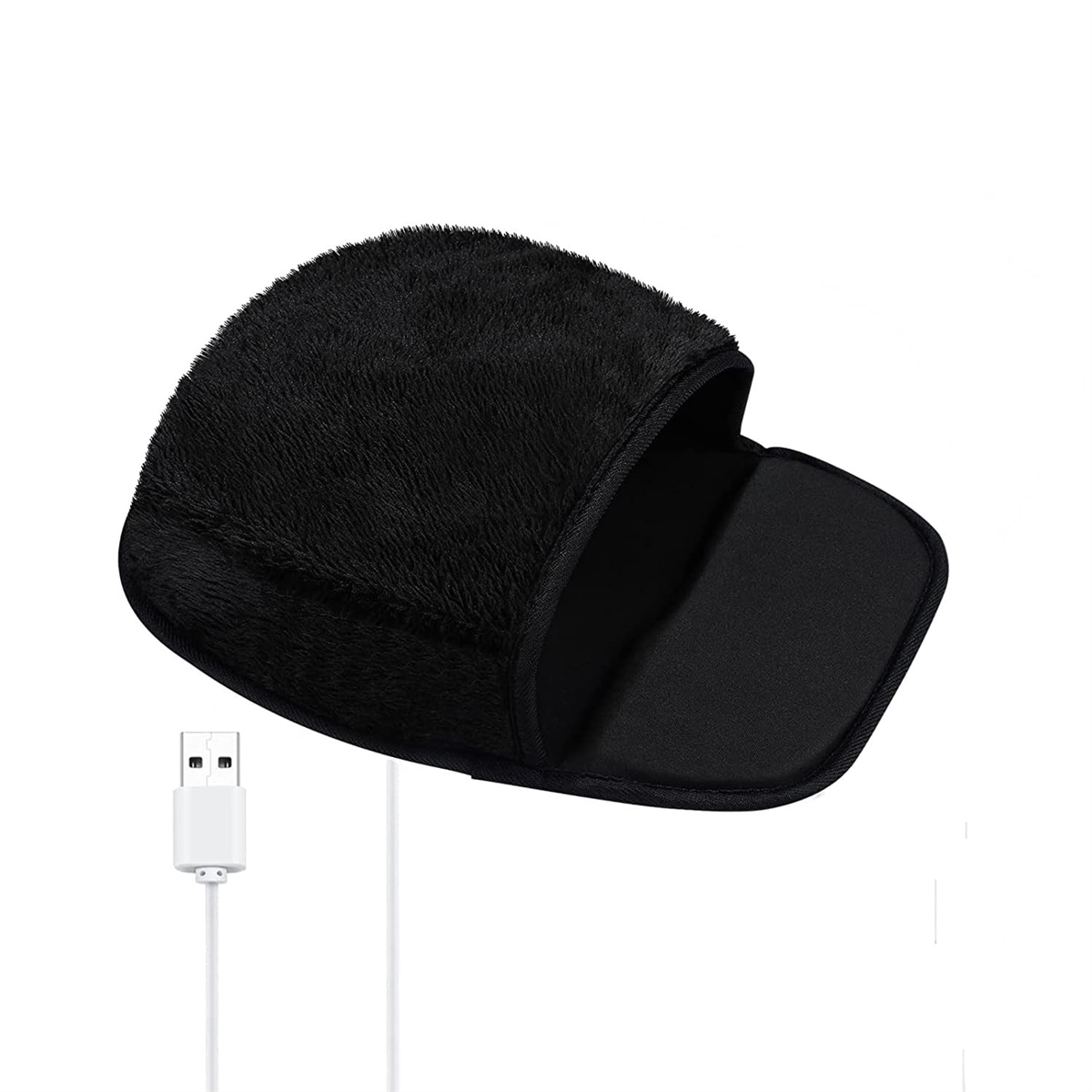 Schwarzer, flauschiger Handwärmer mit USB-Kabel, offen, schwarzes Innere.