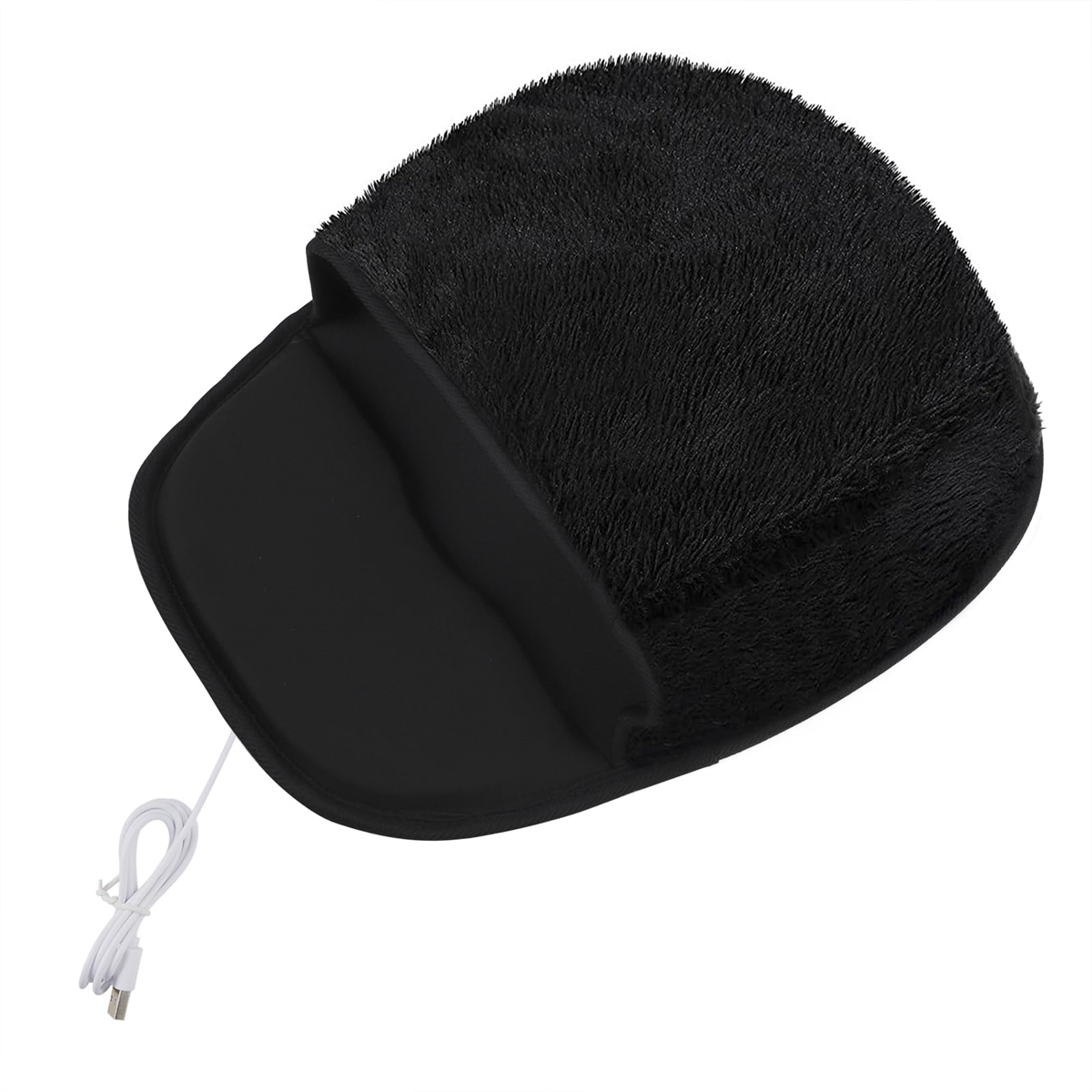 Schwarzer, flauschiger Fußwärmer mit USB-Kabel.