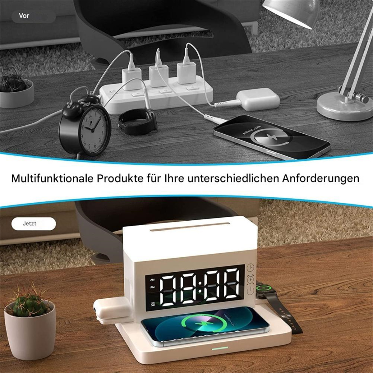 Weiße Ladestation mit Uhr, Telefon und Uhr. Schwarz-Weiß-Bild.