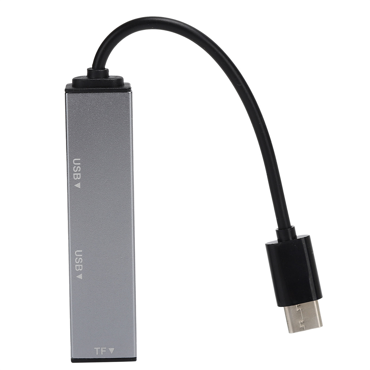 Ein silberner Adapter mit einem USB- und einem USB-C-Kabel. Die Kabel sind schwarz.