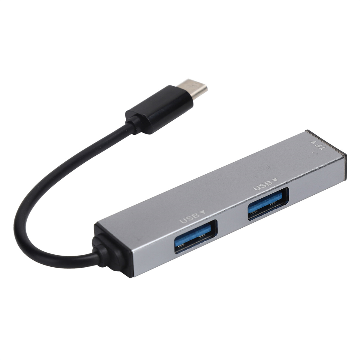 Ein silberner USB-Hub mit drei USB-Anschlüssen und einem USB-C-Anschluss am Ende eines schwarzen Kabels.