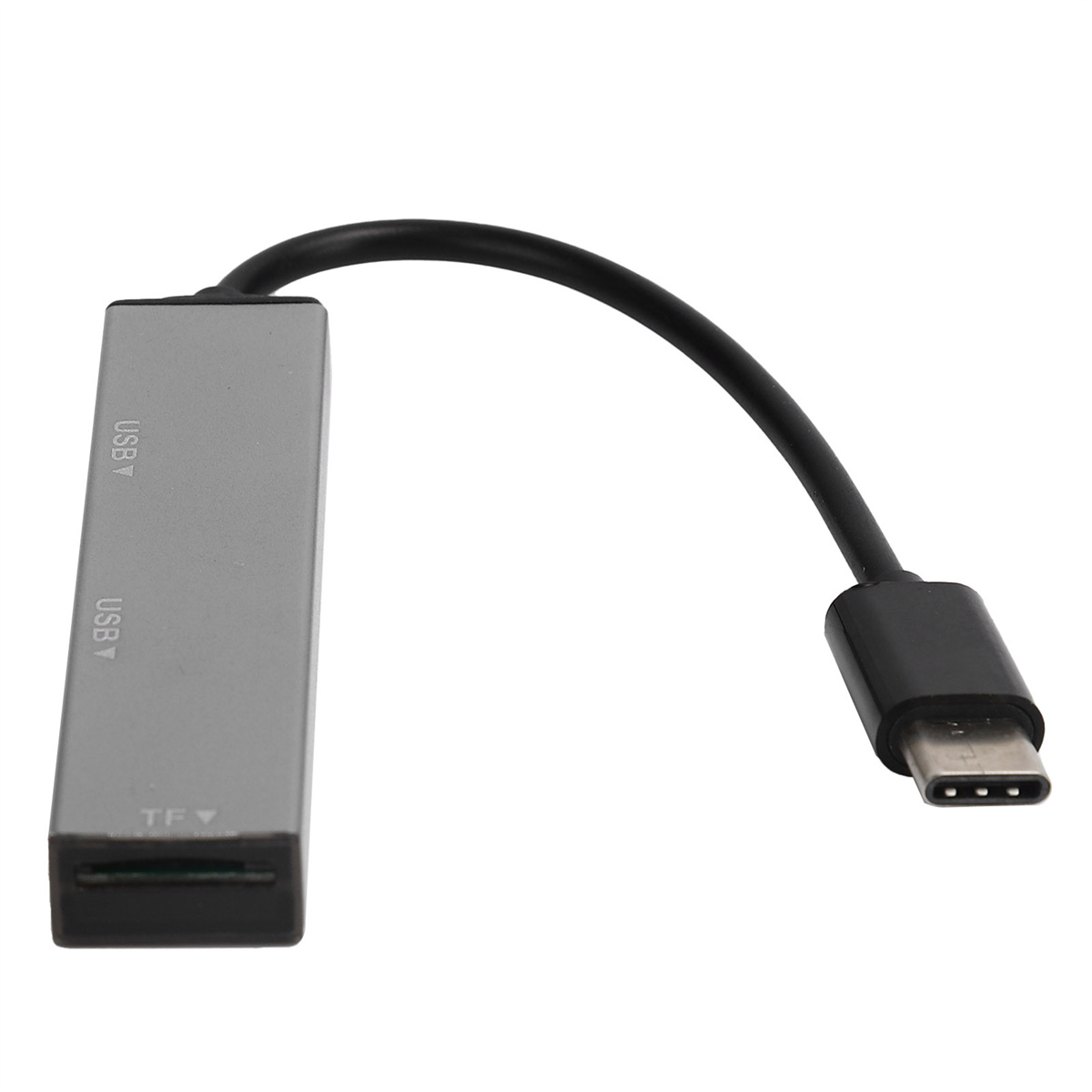 Silberner USB-Adapter mit USB- und TF-Anschlüssen und einem schwarzen USB-C-Anschluss.