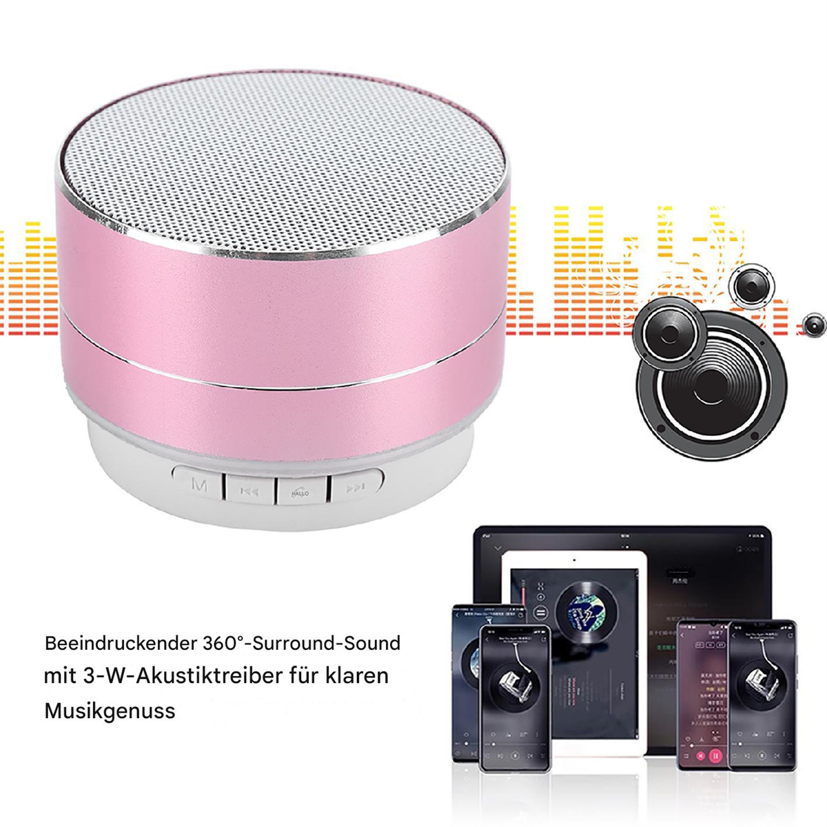 Rosa, zylindrischer Lautsprecher mit silbernem Mesh-Top. Kleine Lautsprecher und Tablets sind im Hintergrund.