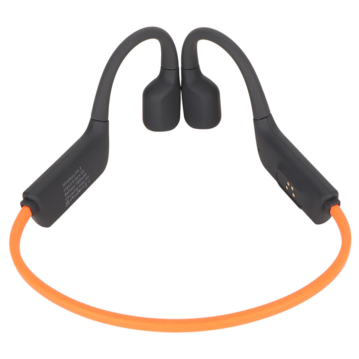 Schwarze Knochenschallkopfhörer mit orangefarbenem Kabel. Zwei Ohrhörer verbinden sich über dem Kopf.