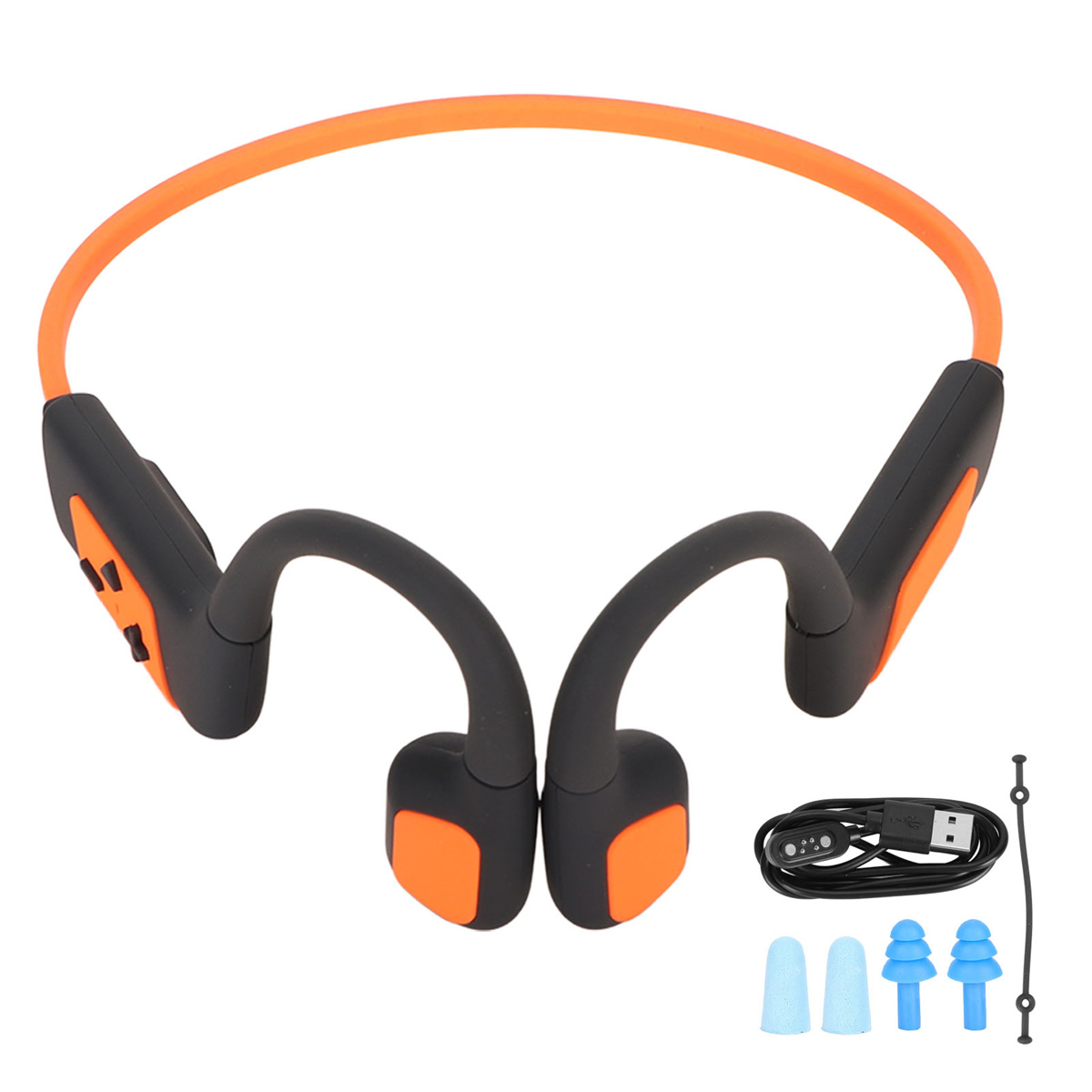 Schwarze und orangefarbene Knochenleitungskopfhörer mit Ladekabel und Ohrstöpseln auf weißem Hintergrund.