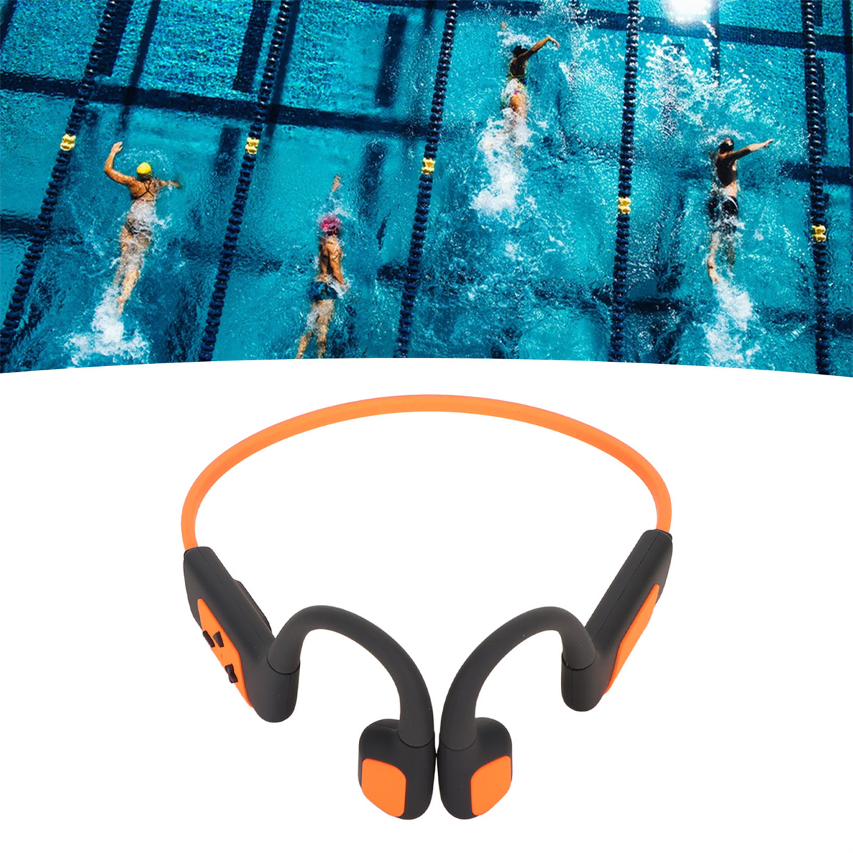 Menschen schwimmen in einem Pool, im Vordergrund Knochenschallkopfhörer.