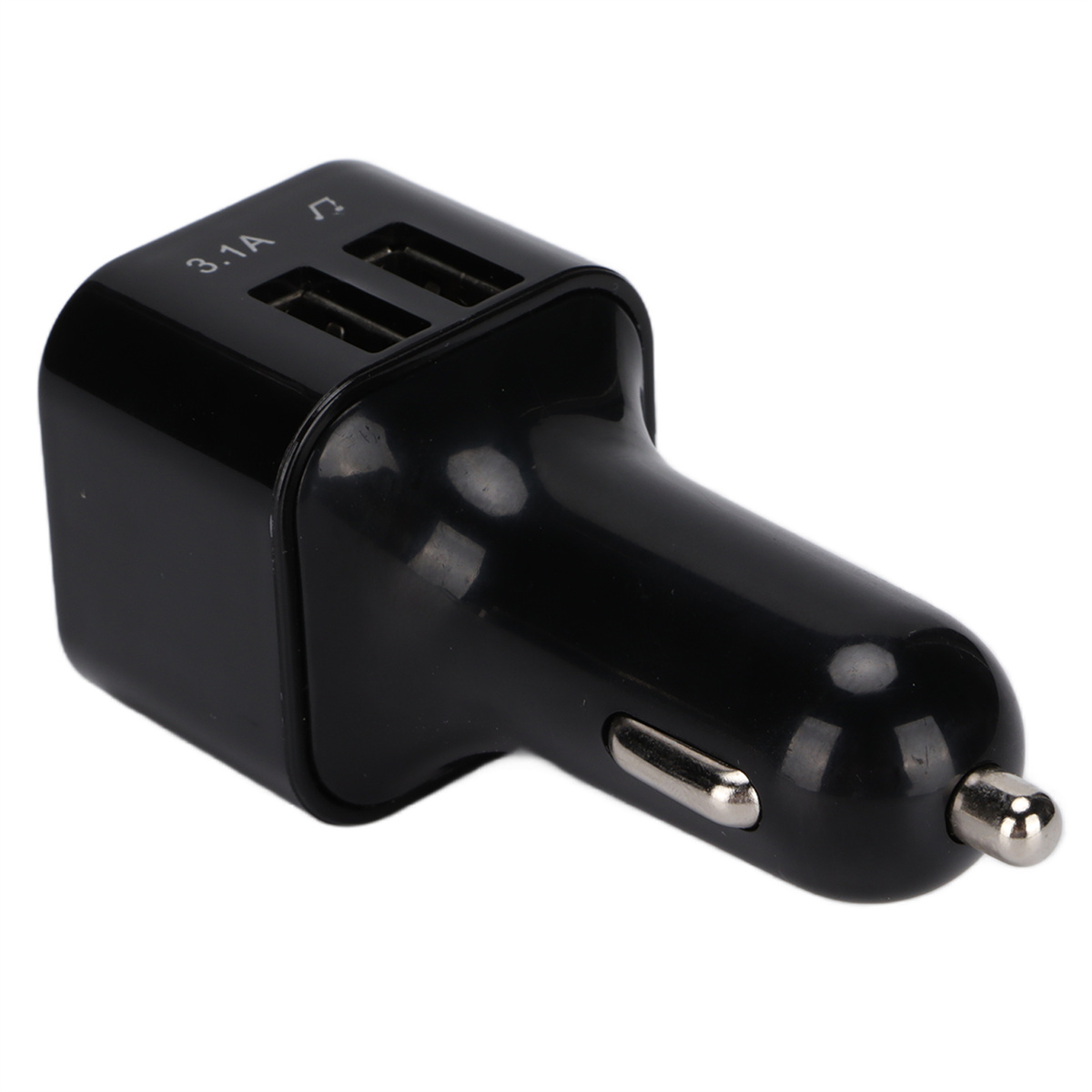 Ein schwarzes Autoladegerät mit zwei USB-Anschlüssen und einer silbernen Spitze.