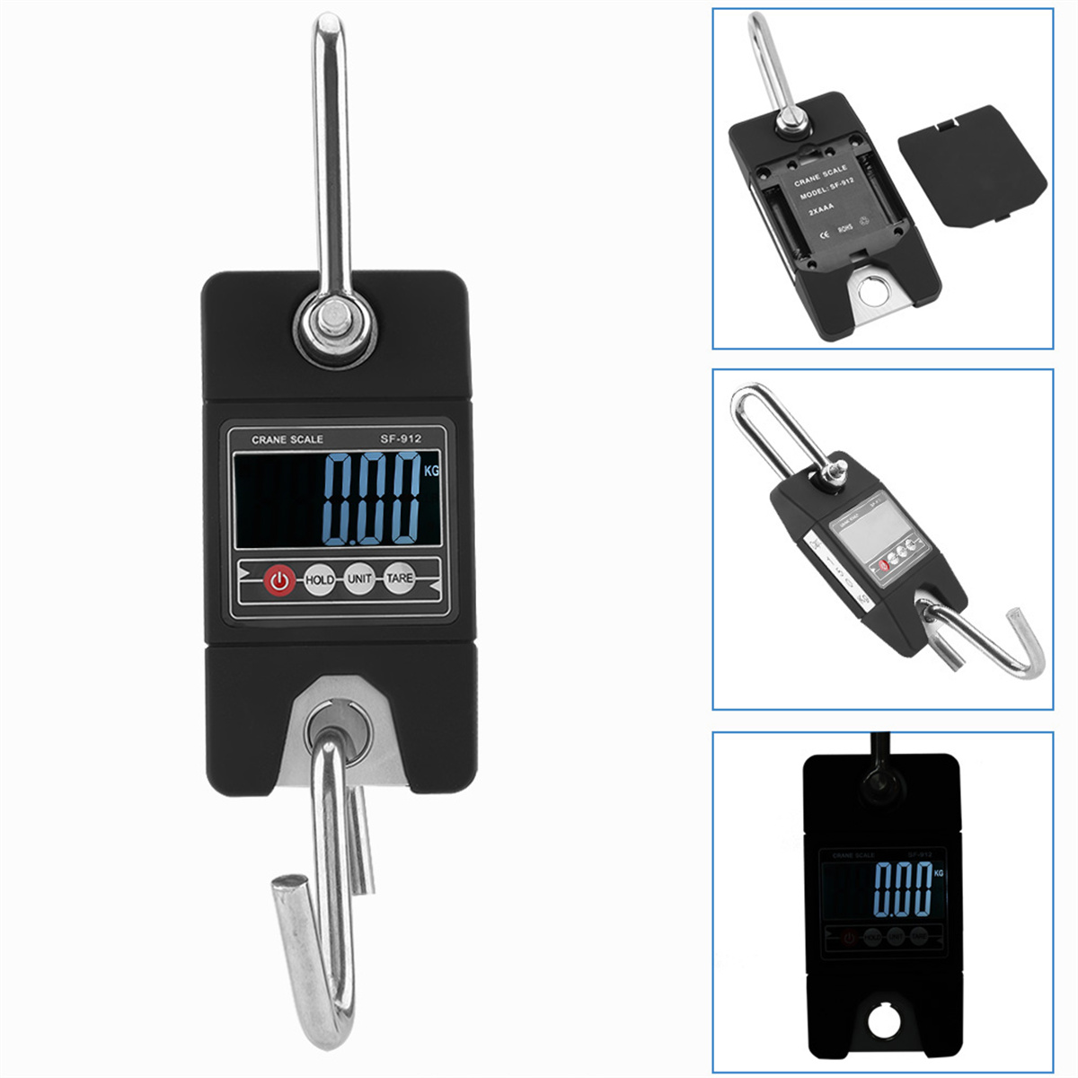Kranwaage mit drei zusätzlichen Bildern, die Batterie und Display zeigen.