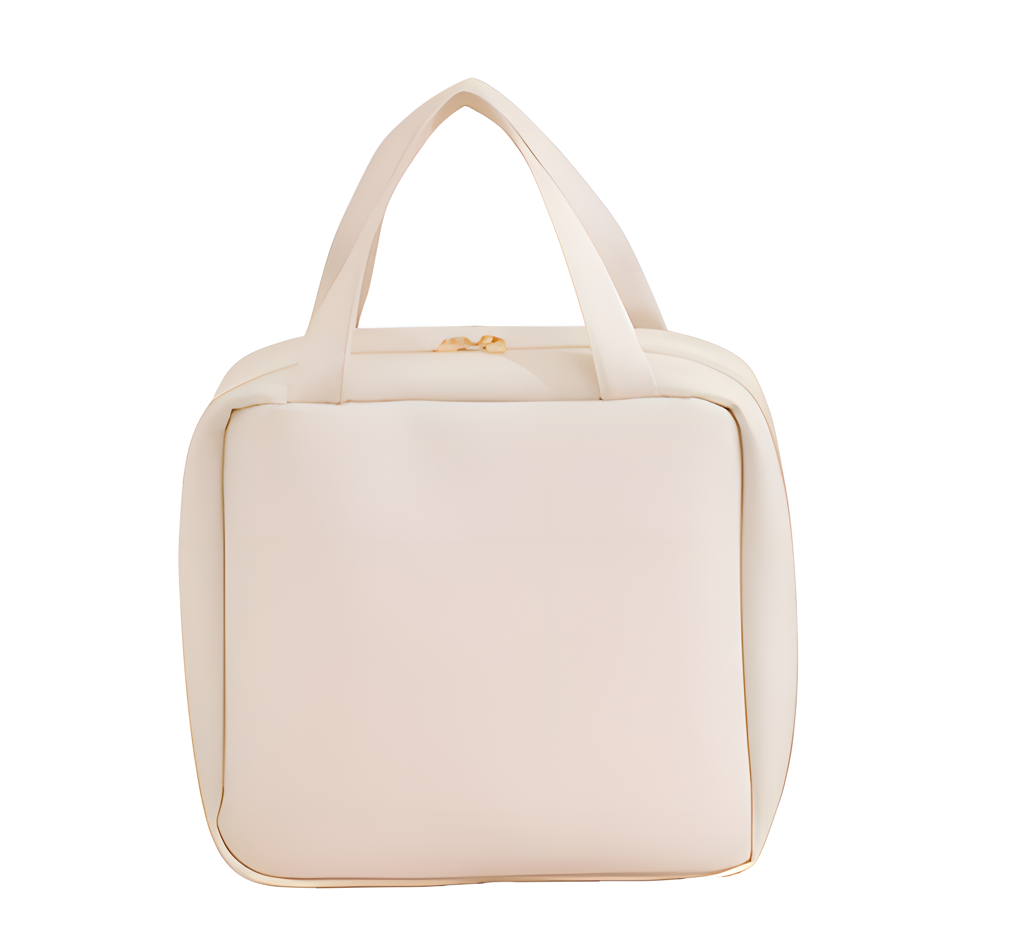 Cremefarbene quadratische Handtasche mit Griffen. Goldener Reißverschluss oben.